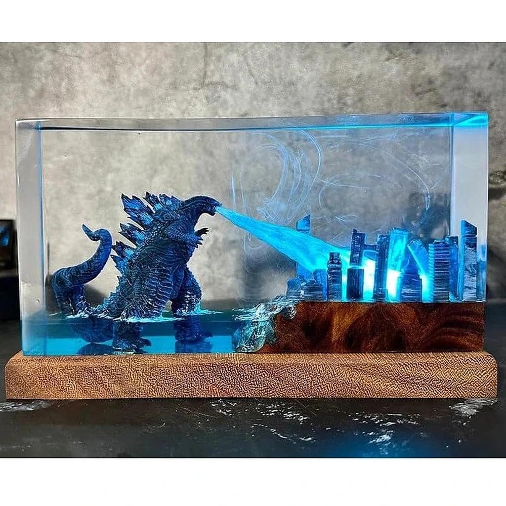 3D Ozean Epoxidharz Nachtlicht,Harz-Godzilla Figuren Ornamente mit Holzsockel,Monster Nachttischlampe mit USB-Kabel und 16 Farbe Remote Mehrfarbige LED Nacht Lampe,Desktop-Kunst-Dekor (Stil 4)