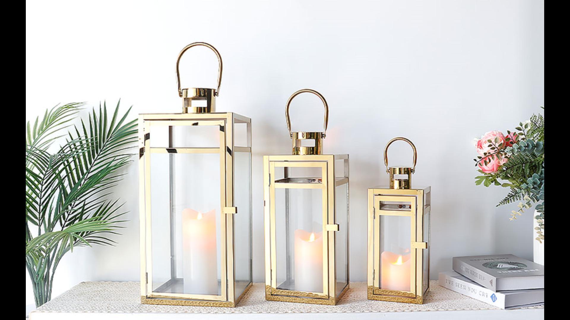 Lanterna Decorativa In Acciaio Inox TRIROCKS 30 Cm - Con Vetro Temperato, Per Candele LED O Vere, Colore Oro