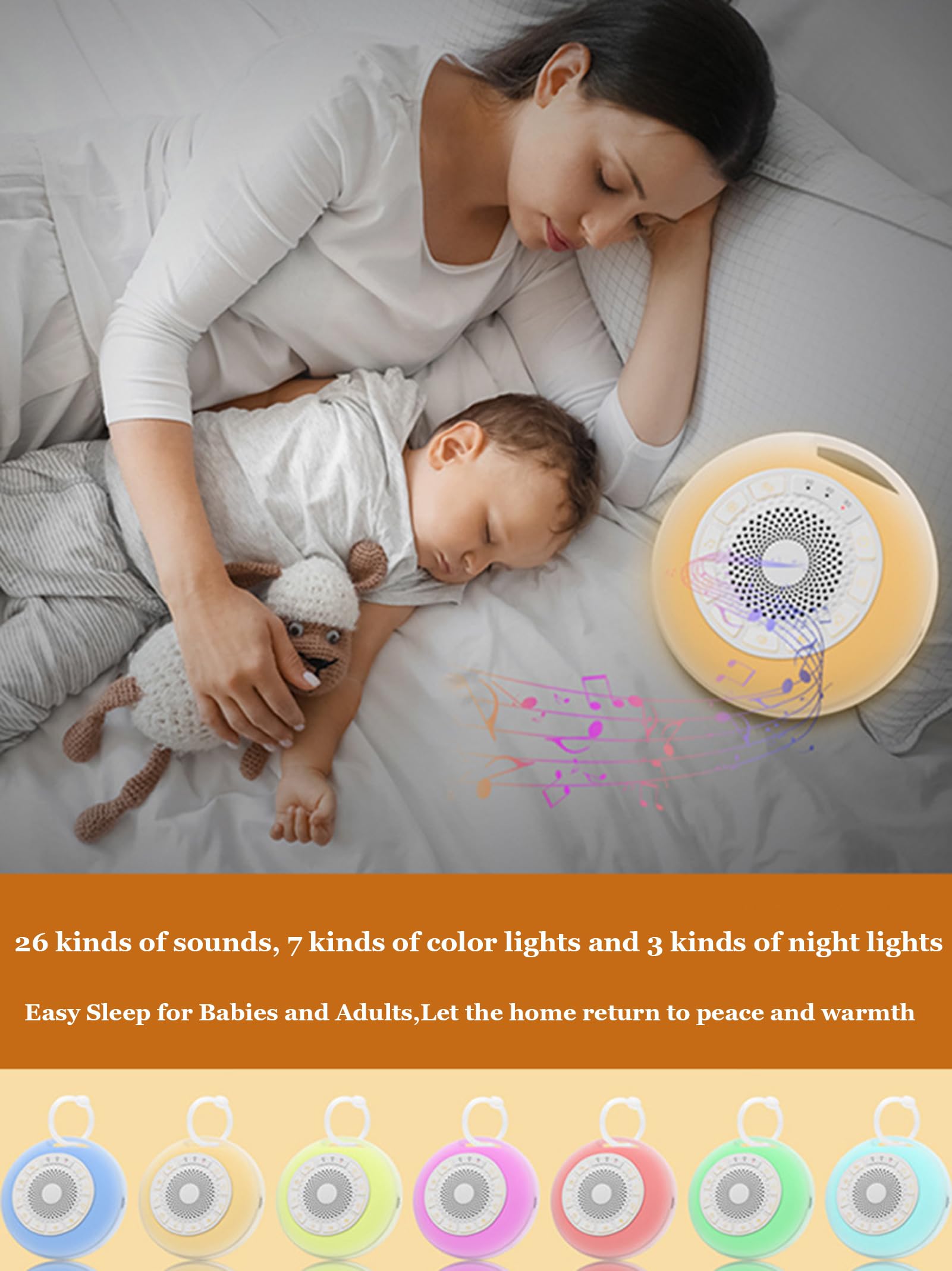 Máquina para Dormir con Ruido Blanco, 26 Sonidos relajantes, 7 Luces nocturnas, con Anillo Antideslizante y Recargable por USB, Terapia pequeña, para niños, Viajes y hogar.