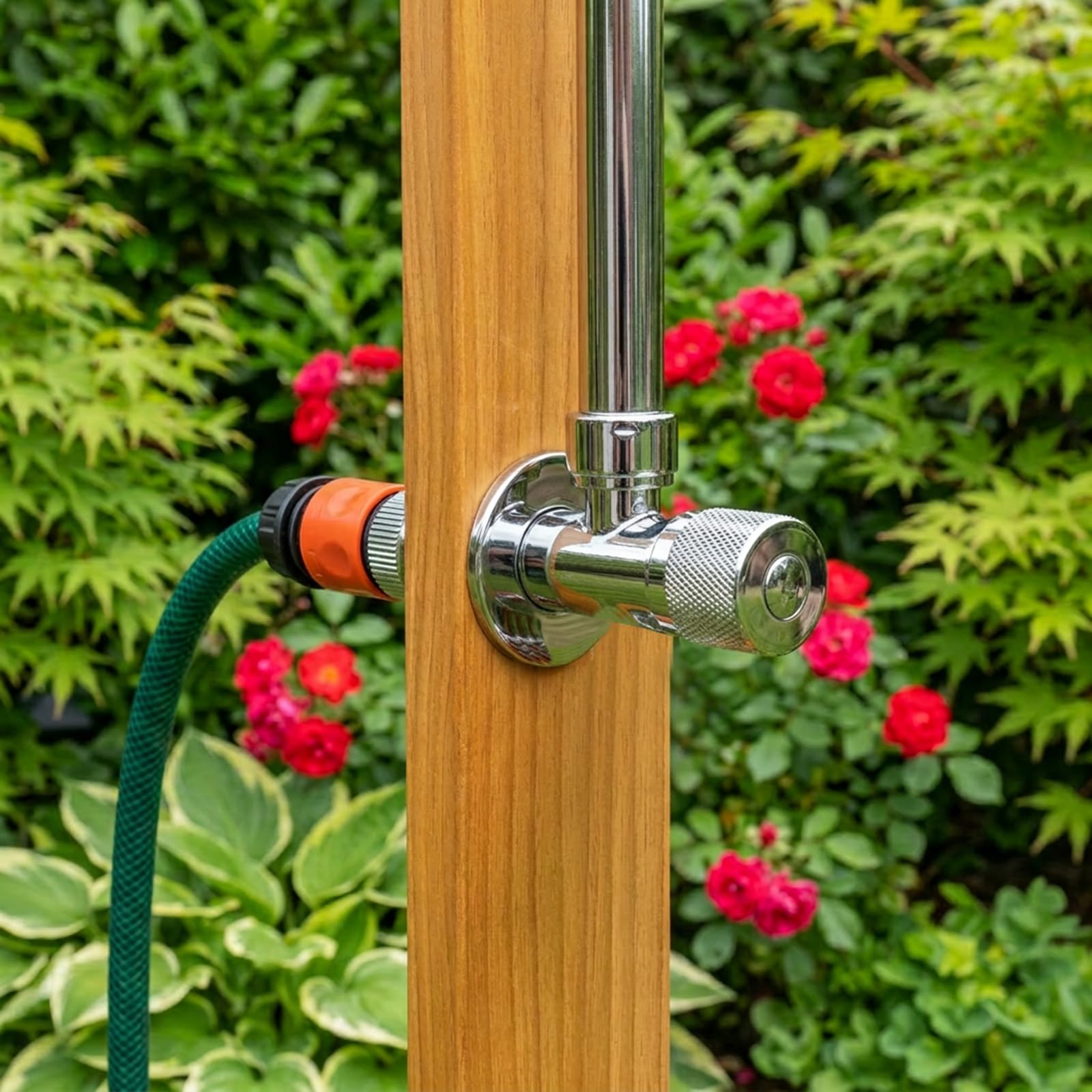 Holzdusche Garten 221cm Außendusche mit Bodenplatte Wetterfest Gartendusche | BURI Gartendusche aus geöltem Kiefernholz mit verzinktem Eisen und Gartenschlauchanschluss für Pool und Terrasse