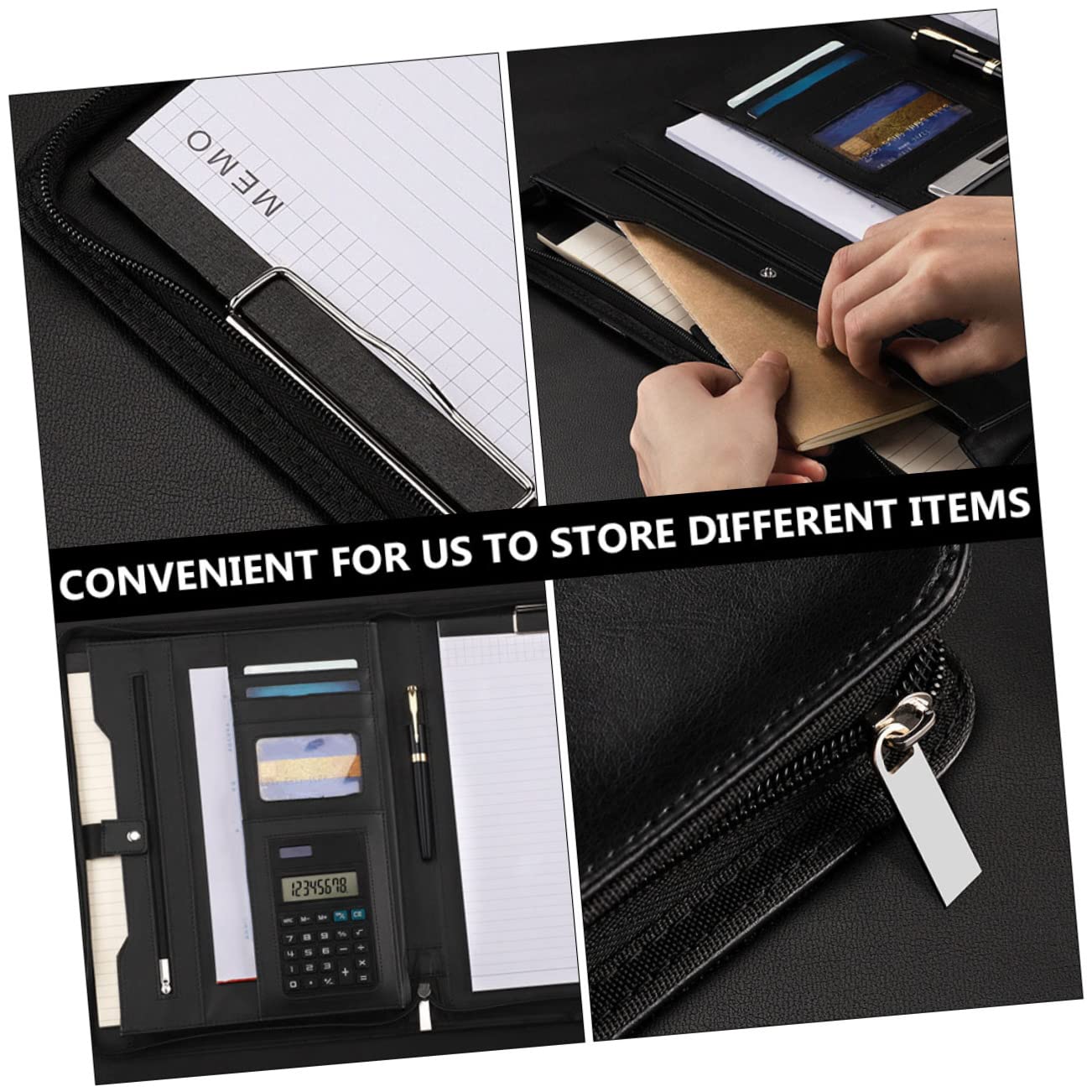 LALAFINA Cartella Portadocumenti Business A4 con Zip, Pu Nero | Formato A4, Include Blocco Note e Calcolatrice, per Riunioni e Viaggio di Lavoro