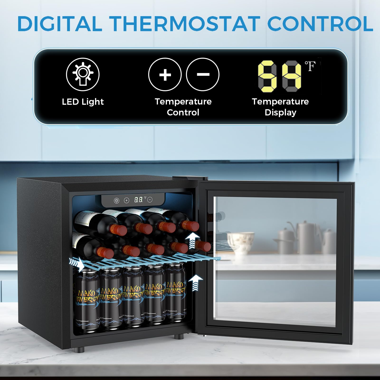 Cowsar Beverage Refrigerator, 50 Cans Wine Cooler, Etl Approved 1.3 Cu.Ft Mini Fridge With Glass Door, Adjustable Shelves, Digital Temperature Freestanding Small Drink Fridge For Soda Beer Or Wine on Fridge.com - View 5