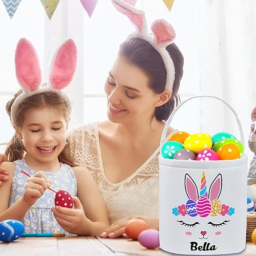 Miniatura 6 de Cestas personalizadas de Pascua para niños y niñas con nombre personalizado de lona de algodón huevo bolsas de regalo