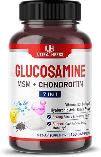 Glucosamina Condroitina MSM - Suplemento de apoyo de movilidad articular mejorado con colágeno, ácido hialurónico, vitamina D3 150 cápsulas