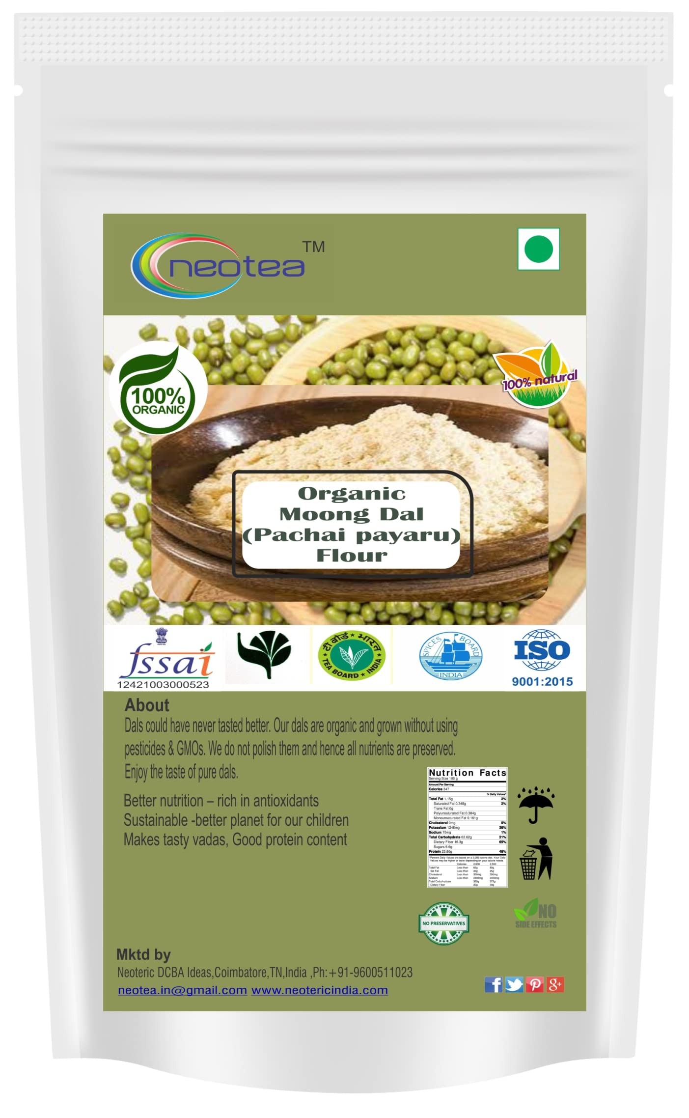 Neotea Organic Pachaipaiyeer Maavu Moong Dal Flour, 500 Gm (B082553VLR) Amazon Price History, Amazon Price Tracker