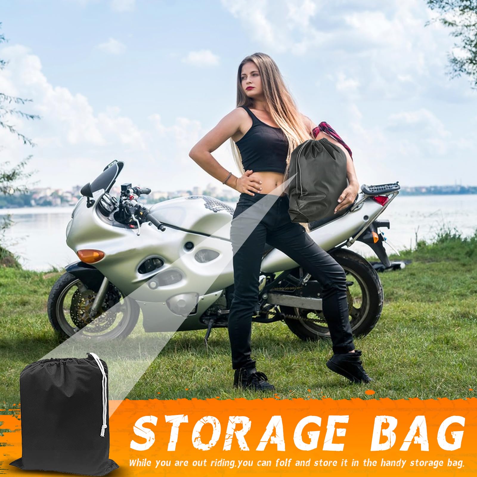 Pokrowiec na motocykl, wodoodporny, z otworami na zamek i torbą do przechowywania, pasuje do motocykli o przekątnej do 264 cm, do Harley Davidson, Honda, Suzuki, Kawasaki, Yamaha, XXL, czarny i