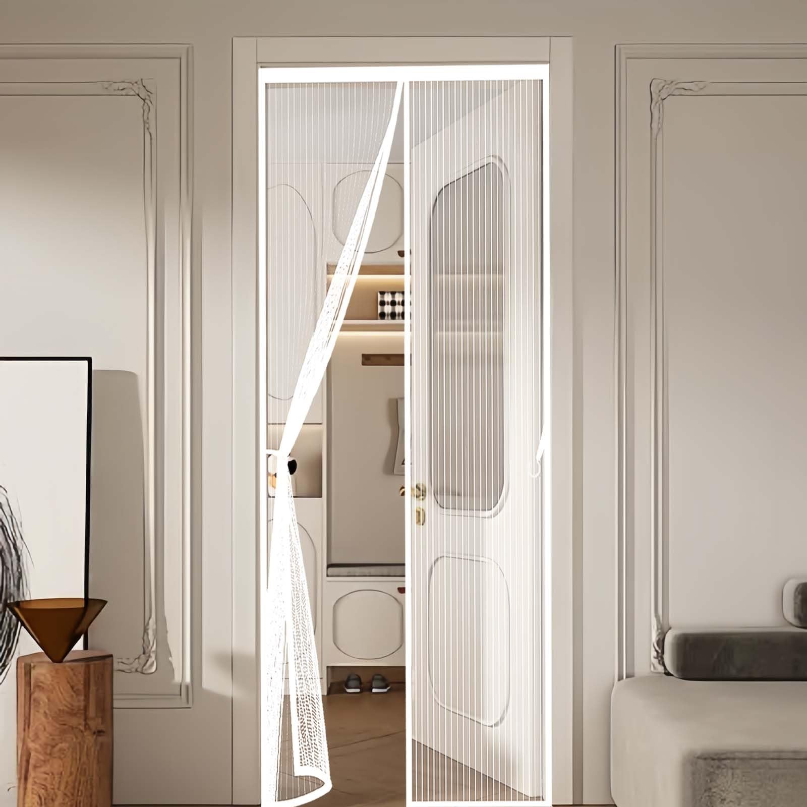 Fly Curtains 154x252cm(WidthxHigh) Powerful Magnets and Full Frame Magic Tape, No Drill Installation Heavy Duty Fly Curtains for Doors Lets Fresh Air in, Hundreds of Sizes, White