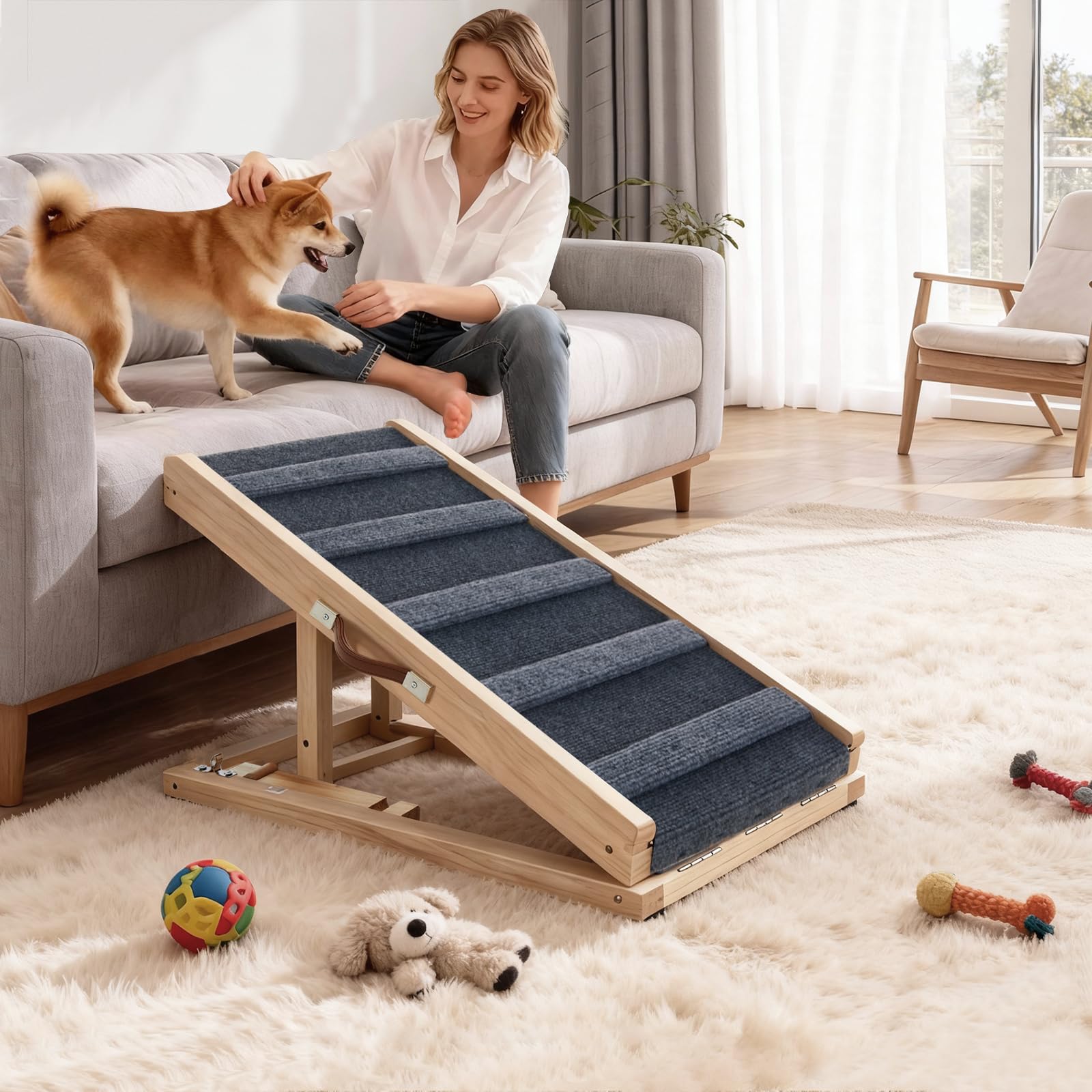 Tukailai Hunderampe aus Holz 70cm Lang Hundetreppe für Bett Sofa Auto Klappbare 2 Höhenverstellbar Haustierrampe mit Rutschfestem Teppich und Querstangen,40kg Tragfähigkeit für kleine Hunde Rampe
