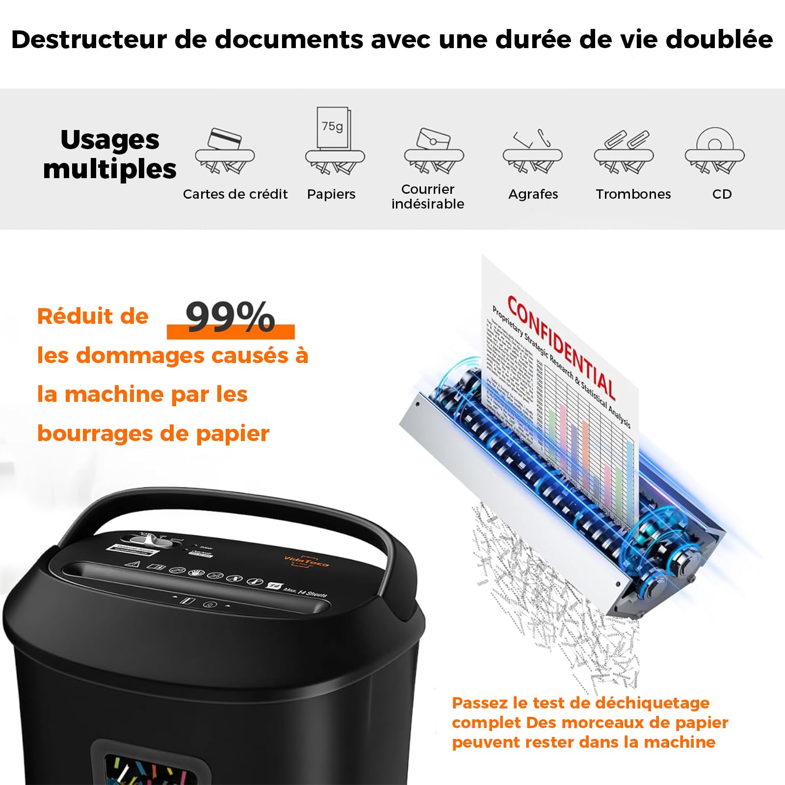 VidaTeco Déchiqueteuse Papier & Destructeur de Documents Papier, Broyeur Papier Électrique 14 Feuilles Coupe Croisée, Bac 25L, Anti-Bourrage, Poignée Transport, Noir
