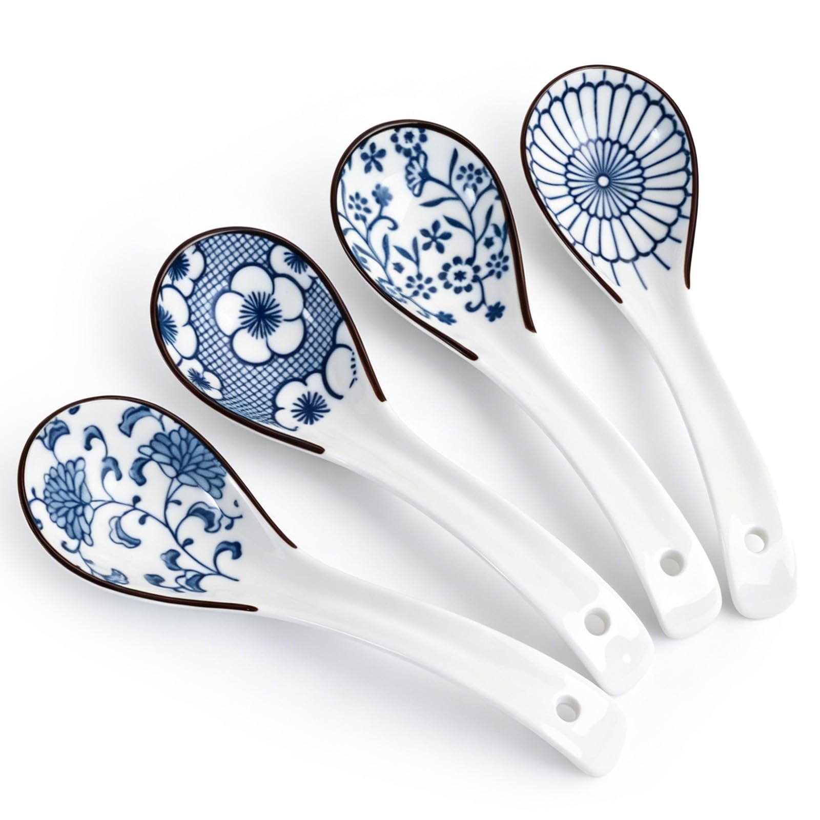 DOWAN Soup Spoons, Asian Ceramic Soup Spoon, with Long Handle Easy to Hold, Non-slip Bottom, Japanese Spoon for Ramen Pho Wonton Dumpling Miso, Set of 4