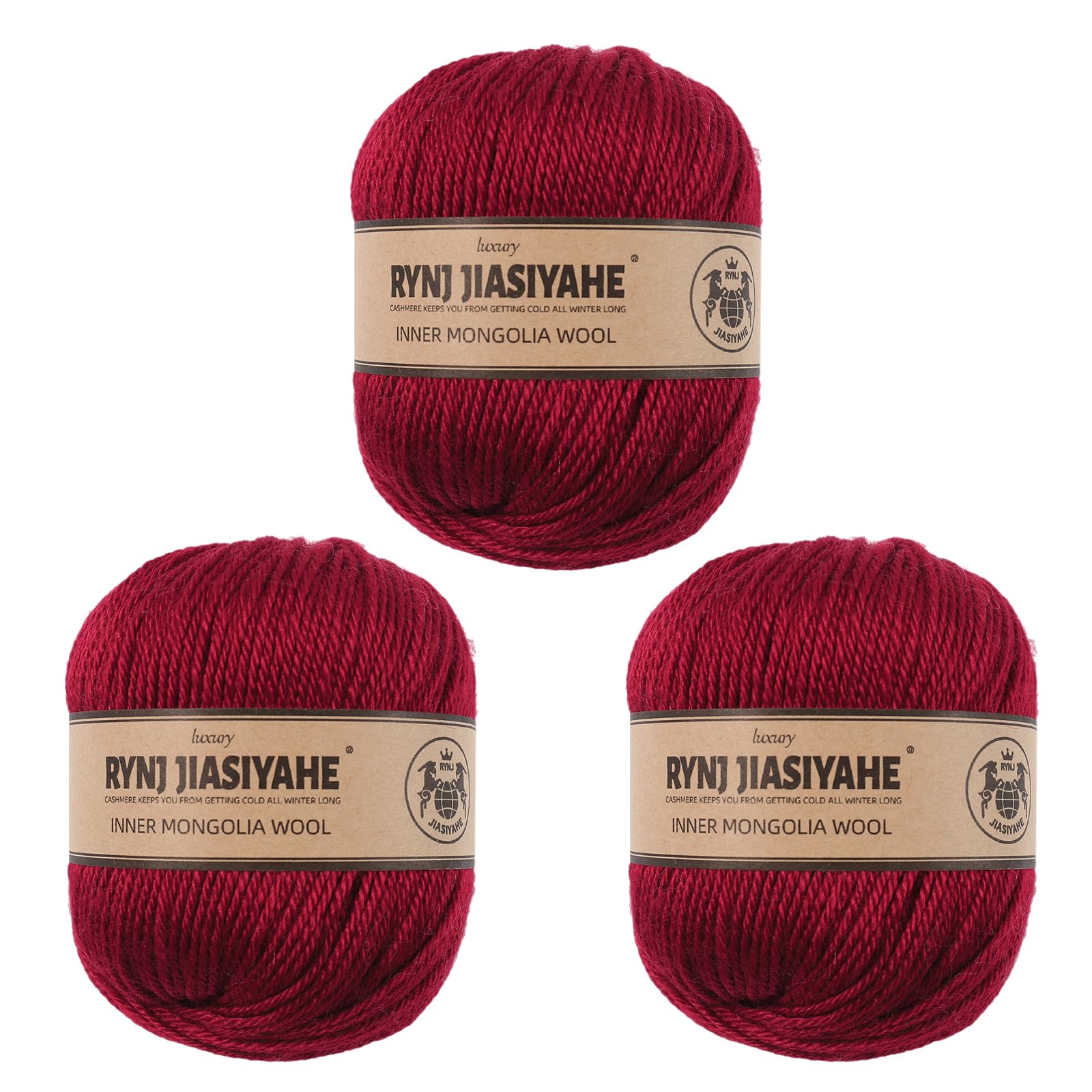 RYNJ JIASIYAHE Wool Yarn, 12Nm/4 ply Luxurious Soft Wool Blend Yarn, Crocheting Yarn for DIY Scarves Sweaters Socks(1.76 oz/50g per Ball 164 Yards) (Deep red,3 Packs)