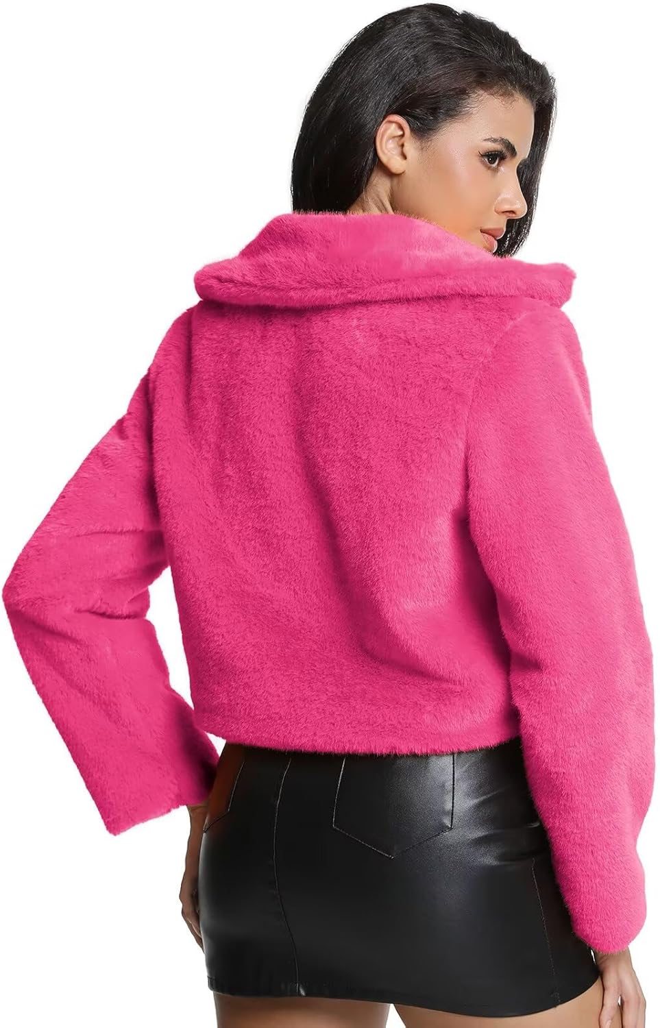 Women's Cropped Faux Fur Jacket with Hidden Pockets and Buttons Plush Shawl Collar ... - Image 6