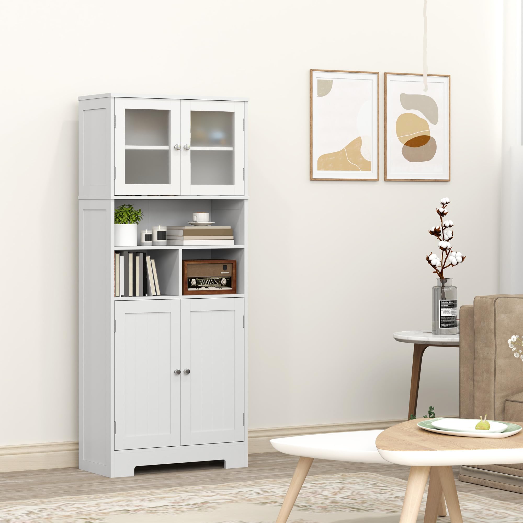 HOMCOM Credenza Cucina con 2 Armadietto, 3 Vani Aperti, Mobile Dispensa Stretto con Ante in Vetro e Ripiani Regolabili, per Soggiorno, Sala da Pranzo, 60x30x145.5 cm, Bianco