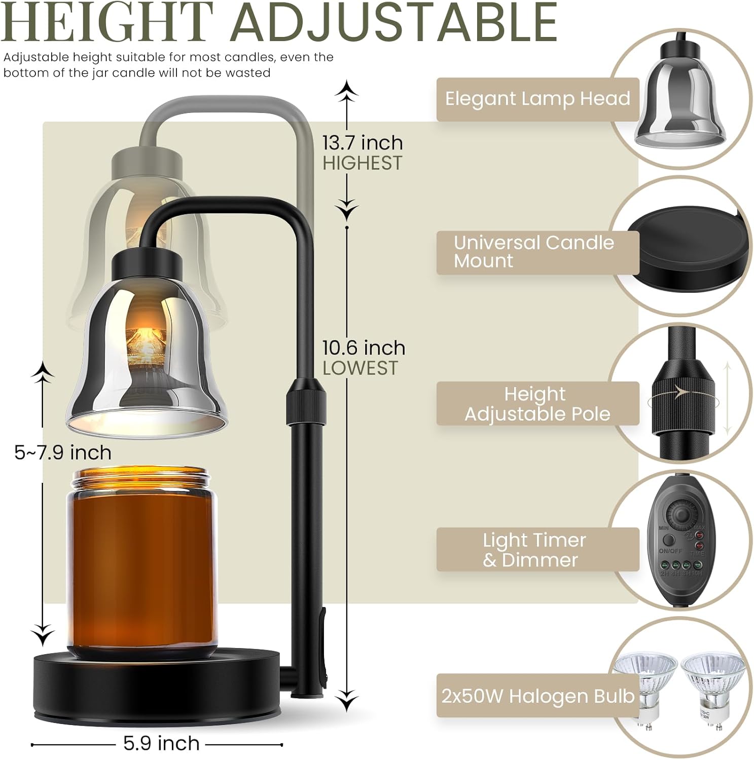 Candle Warmer Lamp with Timer: Adjustable Height Dimmable Warmer Candle Lamps - Mother's Day Gifts for Mom Home Decor House Warming Gifts New Home