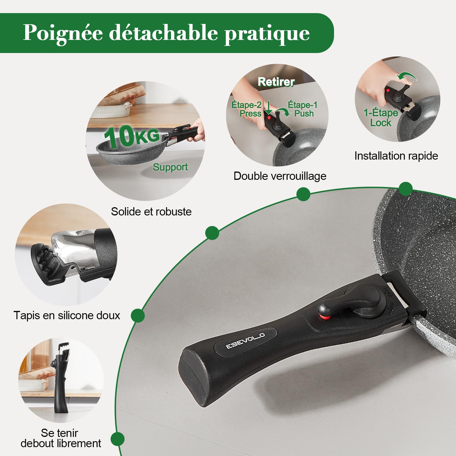 Batterie de cuisine induction 16 pièces 20cm/28cm poignées amovibles empilable antiadhésif céramique sans PFAS gris