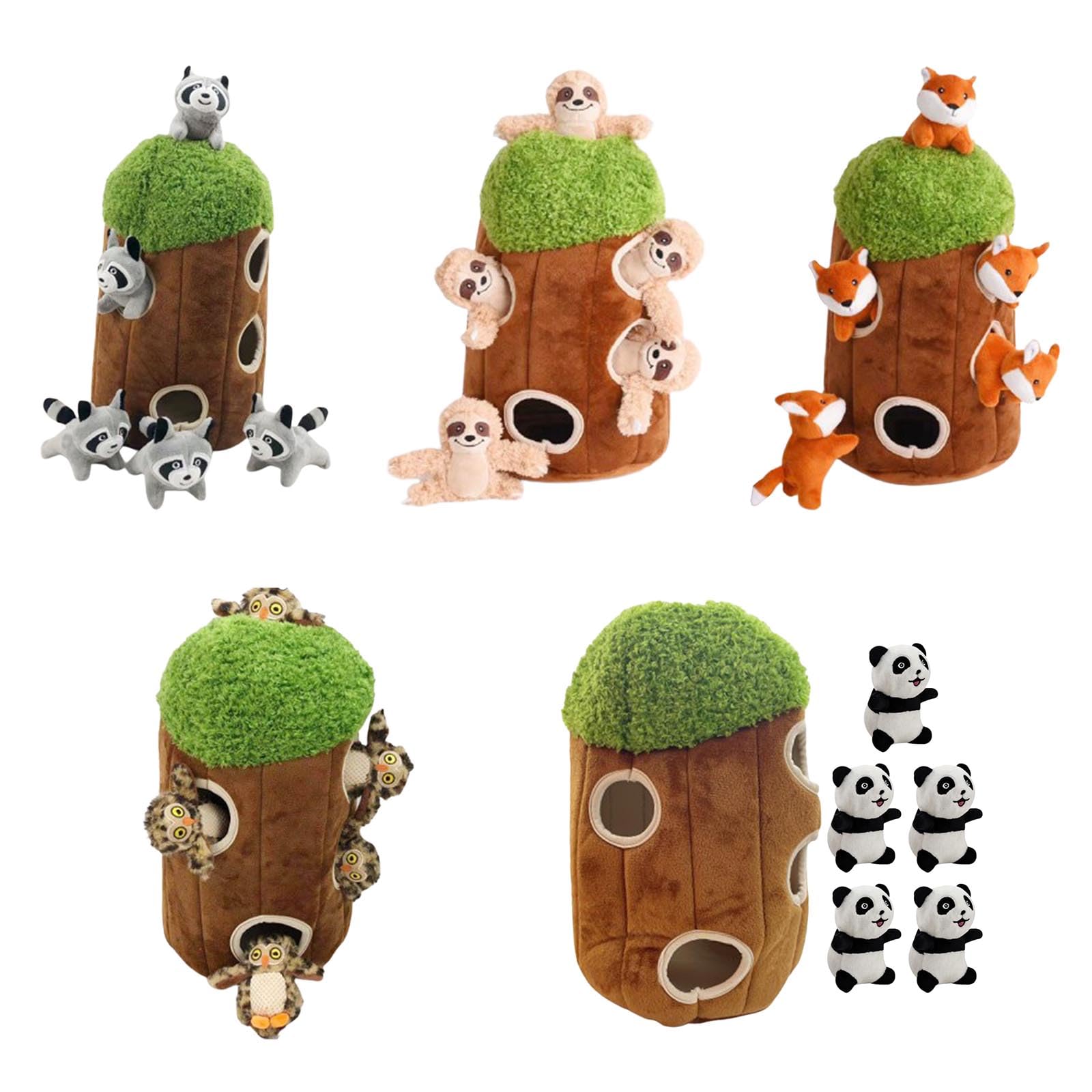 6 juguetes de peluche para perros Hide & Seek, casa de árbol, madriguera, chirriante, juego de escondite y búsqueda, búho suave, panda de peluche, juguetes de Navidad para Navidad