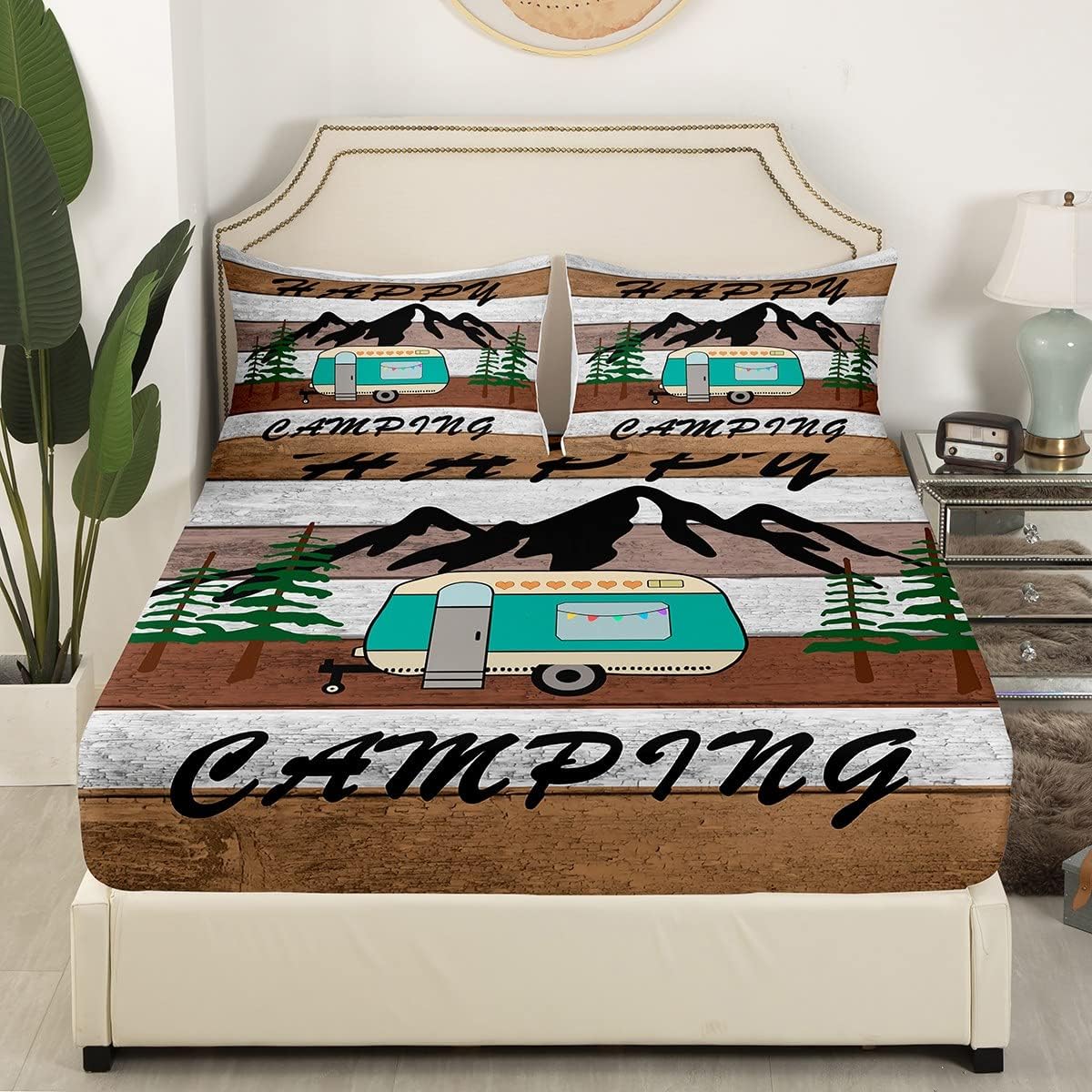 Feelyou Happy Camping Bed Sheet Set RV Camping Bedding Set Camper Fitted Sheet Brown Green Flat Sheet for Kids Boys Girls Microfiber Queen