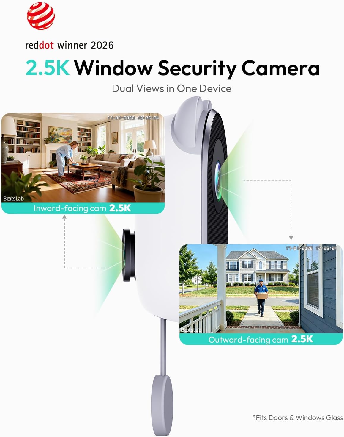 BOTSLAB Dual-Lens 2.5K Window Camera, 2 Pack No Drill Cameras for Home Security, 5G&2.4GHz WiFi, TrueColor Night Vision Indoor Camera, Anti-Glare, Human Detection, 24/7 Recording, Easy & Quick Install
