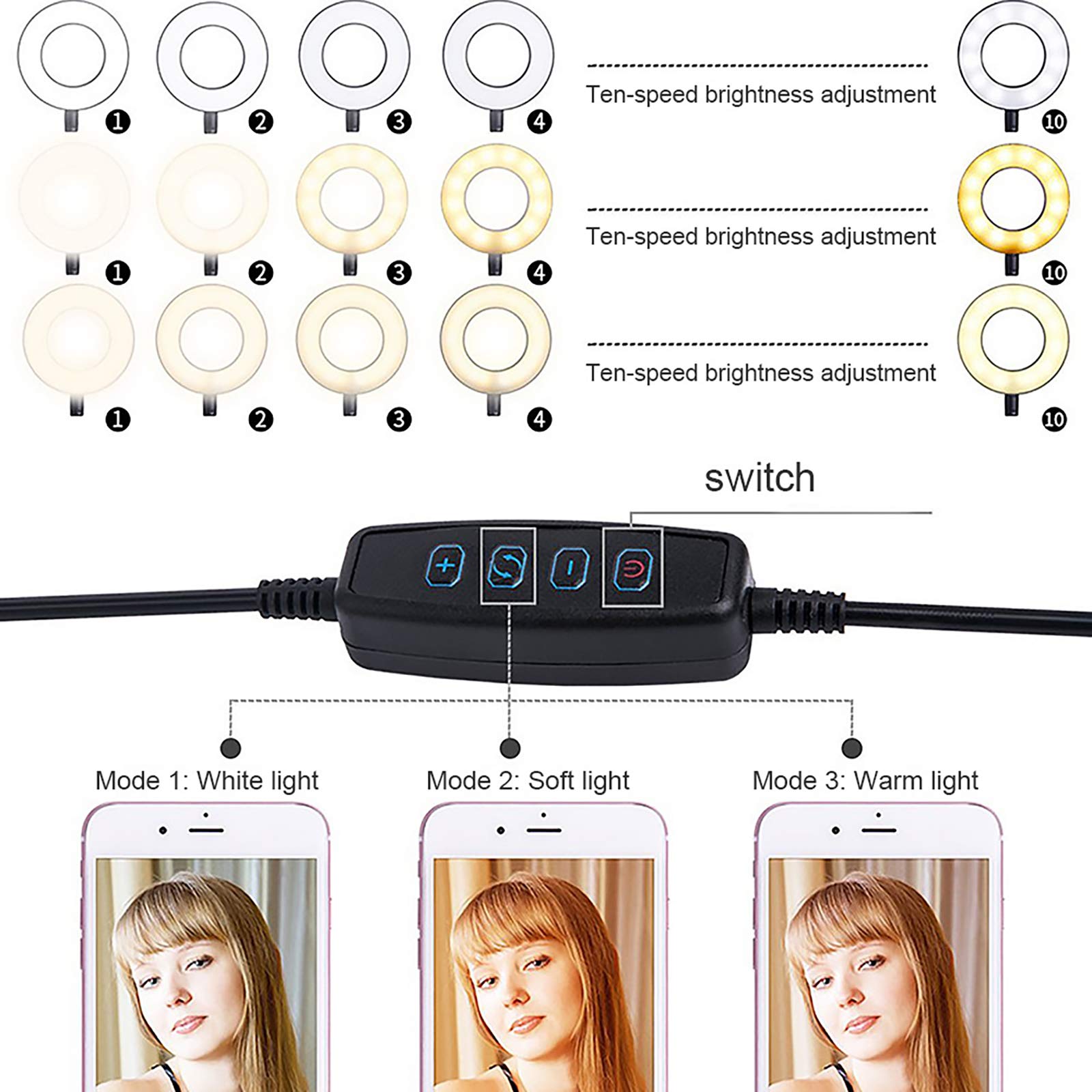 Anello Luminoso Selfie da 3,5 Pollici con Supporto Telefono Cellulare, Illuminazione a LED dimmerabile Rotante a 360 ° con Bracci Flessibili, Registrazione Video Trucco in Streaming dal Vivo