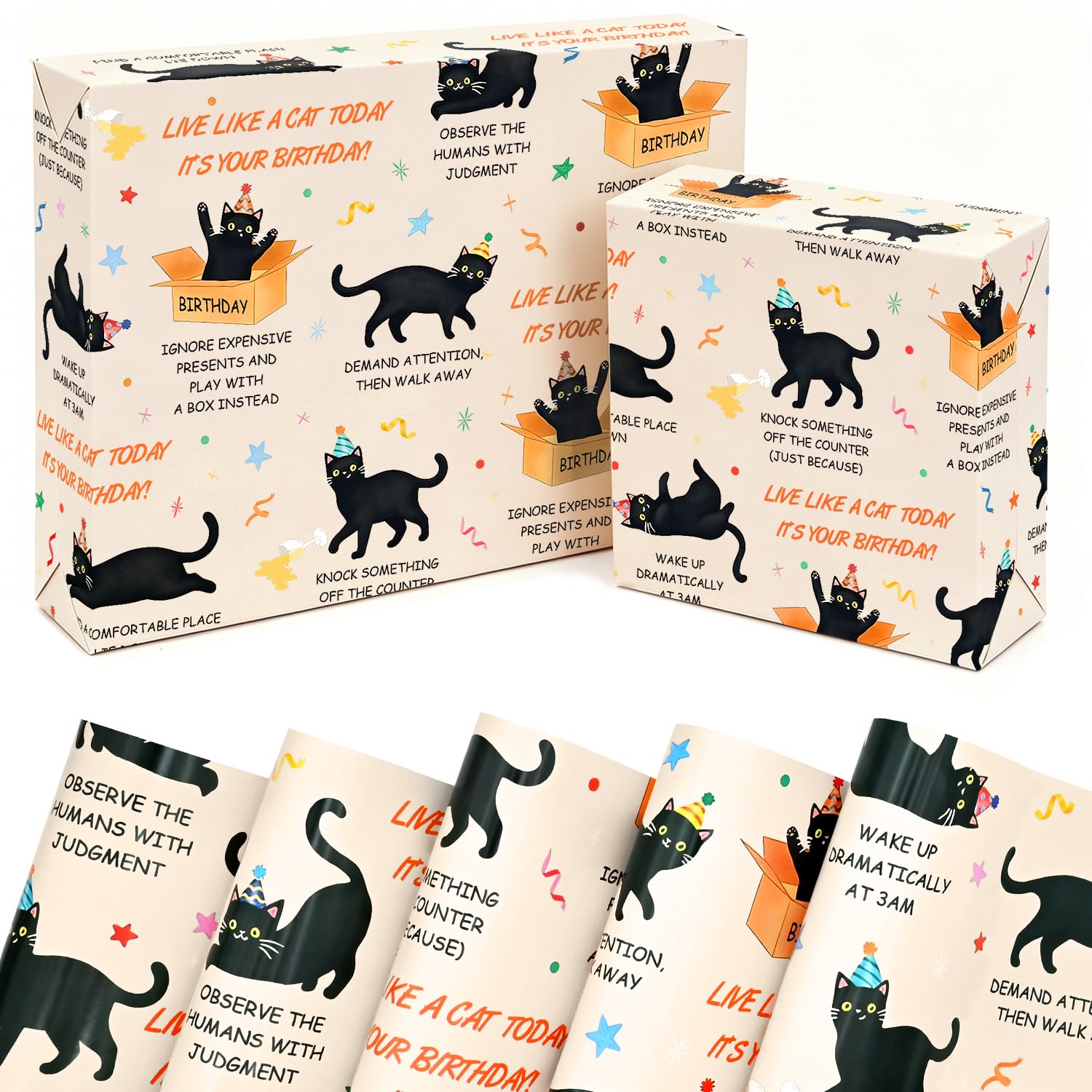 Cat Wrapping paper,’Live Like a Cat’,100% Recyclable ECO Funny Gift Wrap for Him, Her, Friends, Besties, Colleagues, Coworkers, Buddy,BFF,Fur Mum, Dad, Pet Lovers