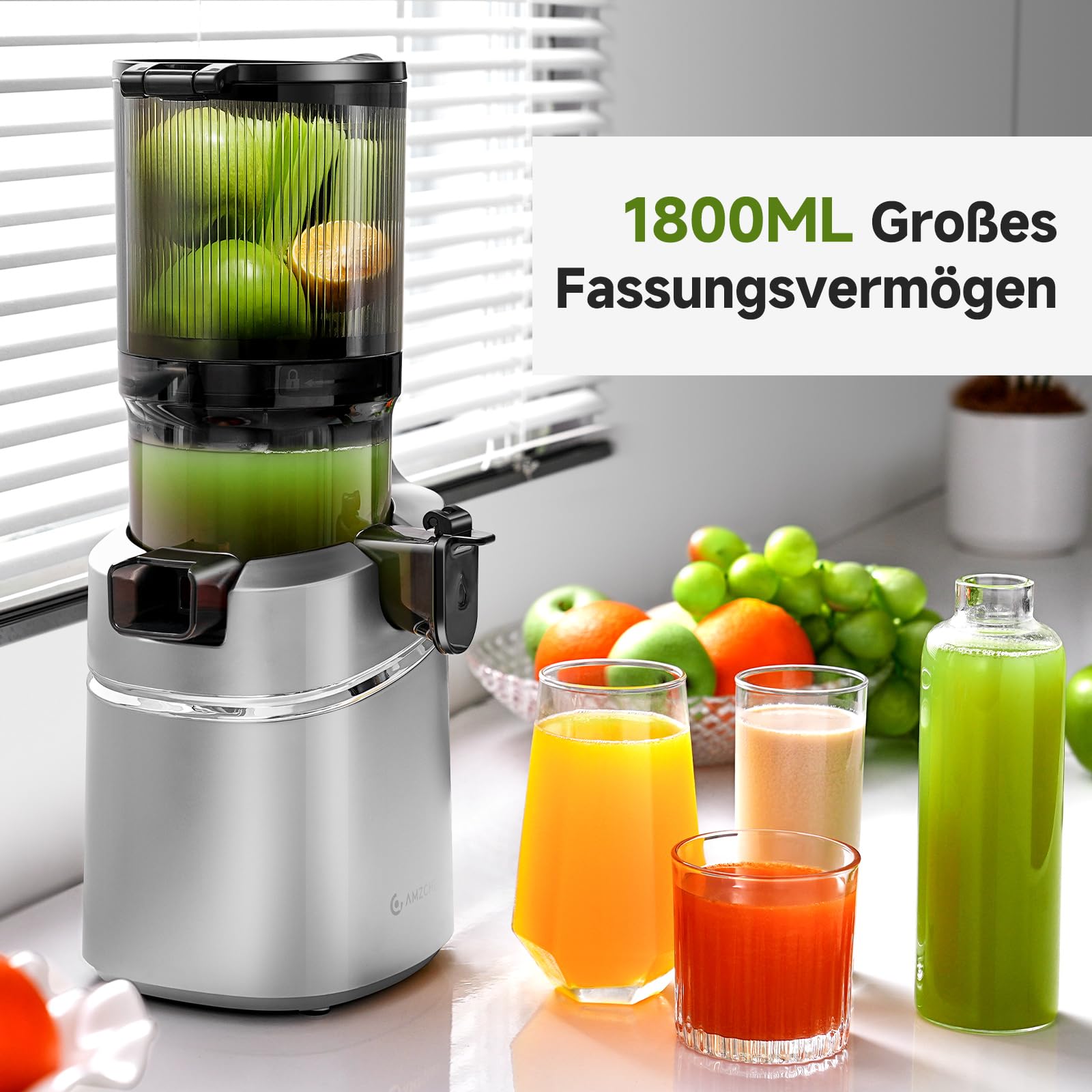AMZCHEF 250W Automatischer All-In-One Entsafter, 145MM Öffnung und 1,8L entsafter für Gemüse und Obst, Kaltpresse Slow Juicer Testsieger mit Dreifachem Filter - Silber