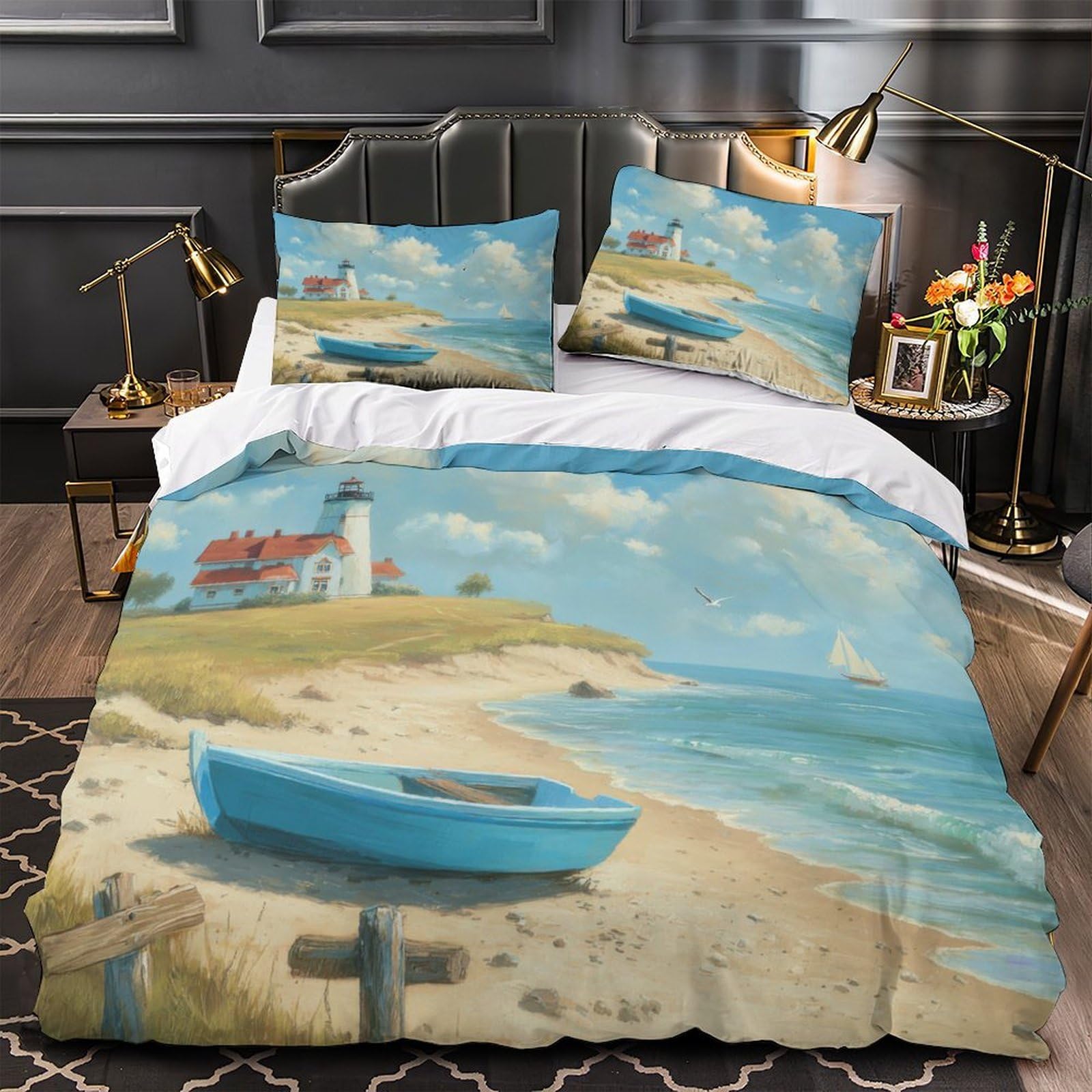 Tbzxeewoe Girls Xzbb9ecjdq3d Lighthouse Seaside Scene Quilt Cover 3D Design Printed Hypoallergenic 3 Pcs Bedding Set Zipper Comforter Cover Super Soft Machine Washable For Kids Adults Women Teens Youth Double（200X200cm）