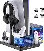 Microware Vertical Stand Compatible for PS5 Console, Stand with Cooling Fan and Controller Charger for Playstation 5, Dualsense Charging Dock with 15 Game Disc Storage - Black