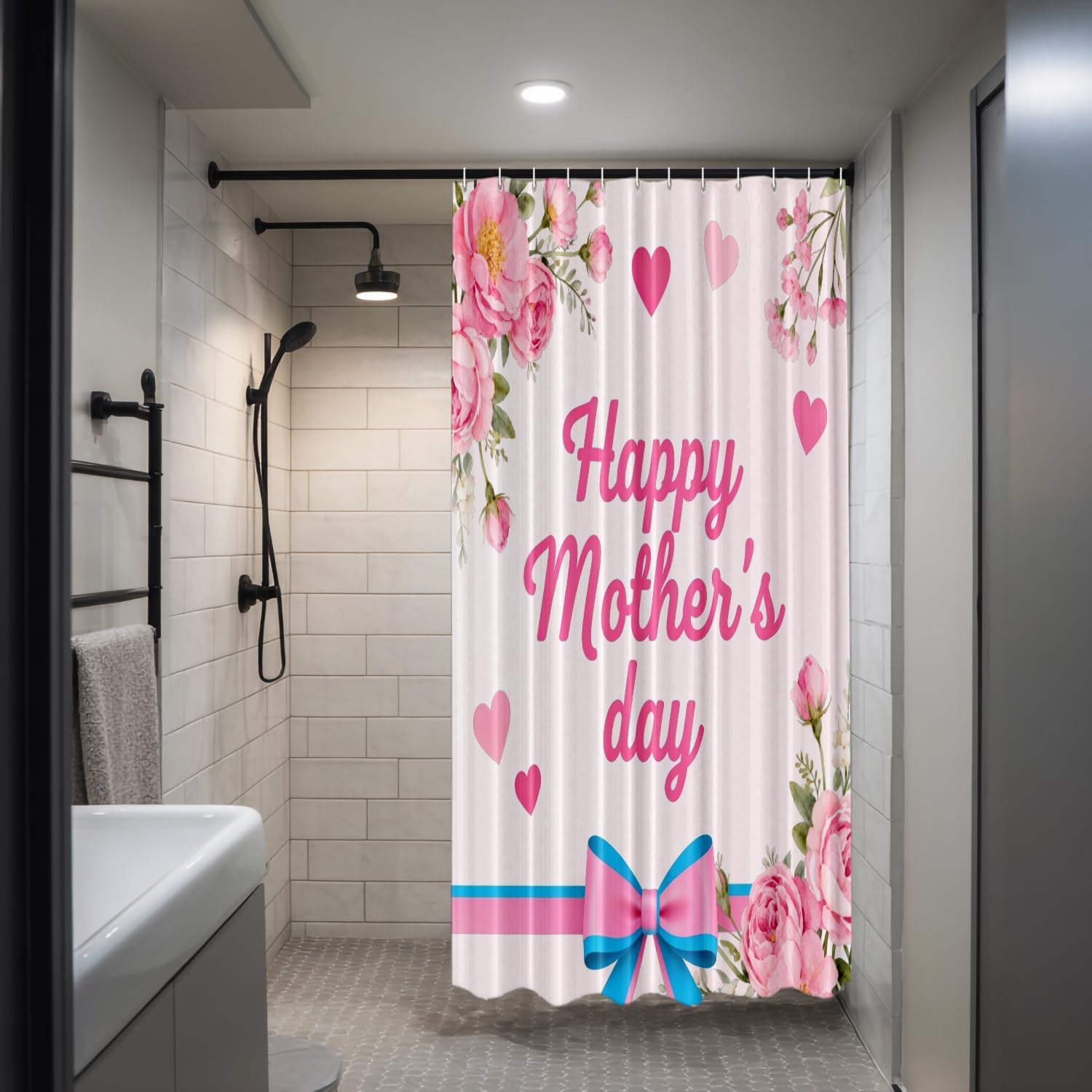 Happy Mother Day Decor Shower Curtain Set,Mother's Day Pink Carnations with Ribbon Polyester Shower Curtain for Shower Stall Bathroom Waterproof with 12 Hooks 72x72 Inch