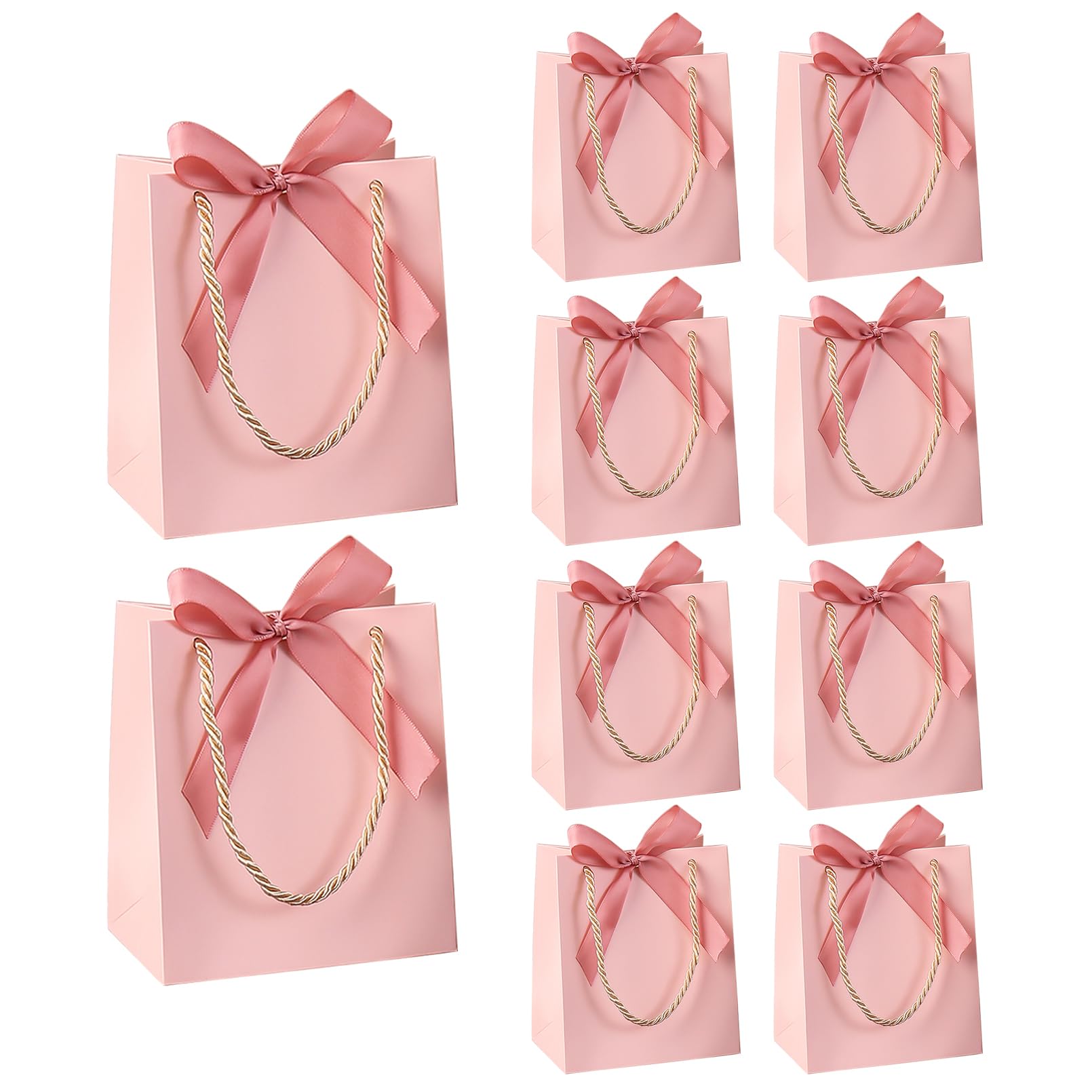 10 Pack Small Pink Gift Bags with Ribbons 15× 13× 8 cm White Party Bags with Handles — image 1