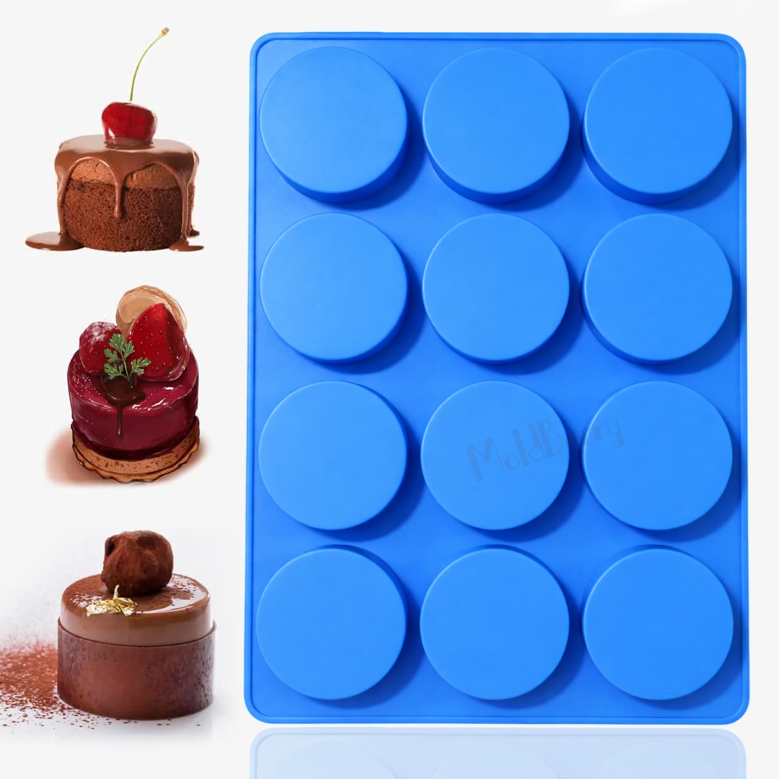 MoldBerry 12 Cavity Round Silicone Cake Mould | 5.3 cm Mini Mousse & Chocolate Disc Mold | Non-Stick Food Grade Baking Tray for Mini Cakes, Cheesecake, Ganache, Ice Cream | 26.5x18.6 cm-image-13