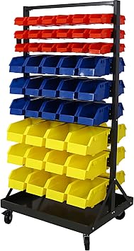 Part Bin Rack Storage Organizer 90-Bin Double-Sided Shelving Unit for Garage Workshop Tool Organizer Craft Room Storage System 28.5" L x 20.5" W x 53" H with Lockable Wheels & Heavy-Duty Steel Frame