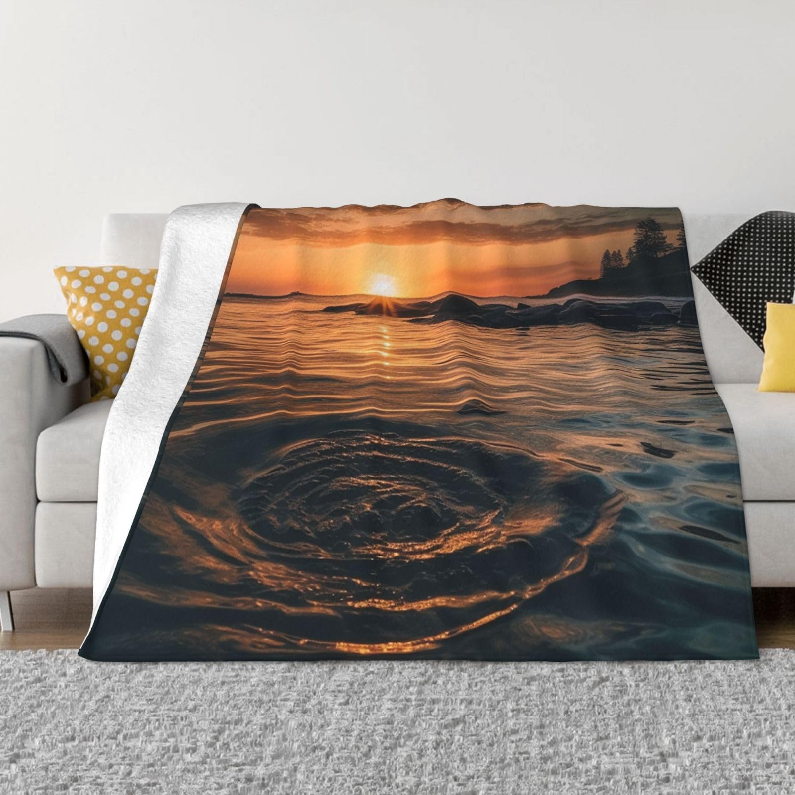 Couverture de lit en flanelle douce et peluche luxueuse au motif artistique de coucher de soleil