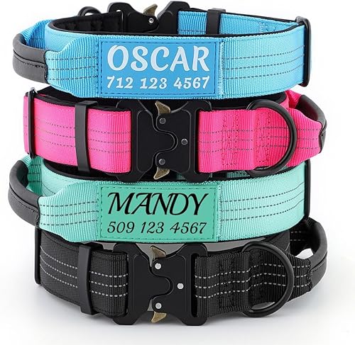 Collar táctico personalizado para perro con nombre y número de teléfono, collar militar de nailon resistente con asa y hebilla de metal fuerte para