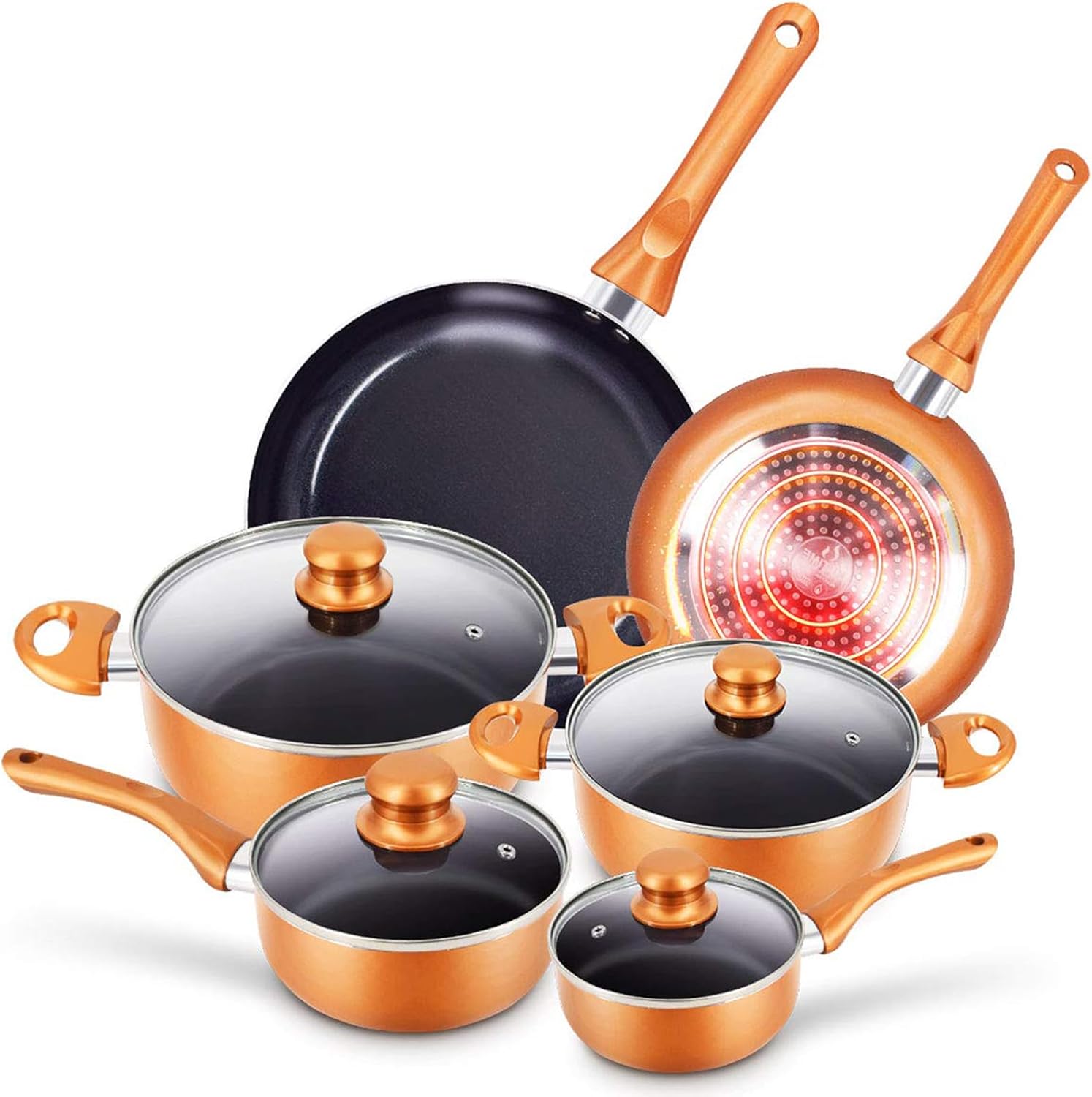 10pcs Cookware Set Non-stick Frying Pans Set Ceramic Coating Soup Pot, Milk Pot, Copper Aluminum Pan with Lid Gas Induction Compatible, 1 Year