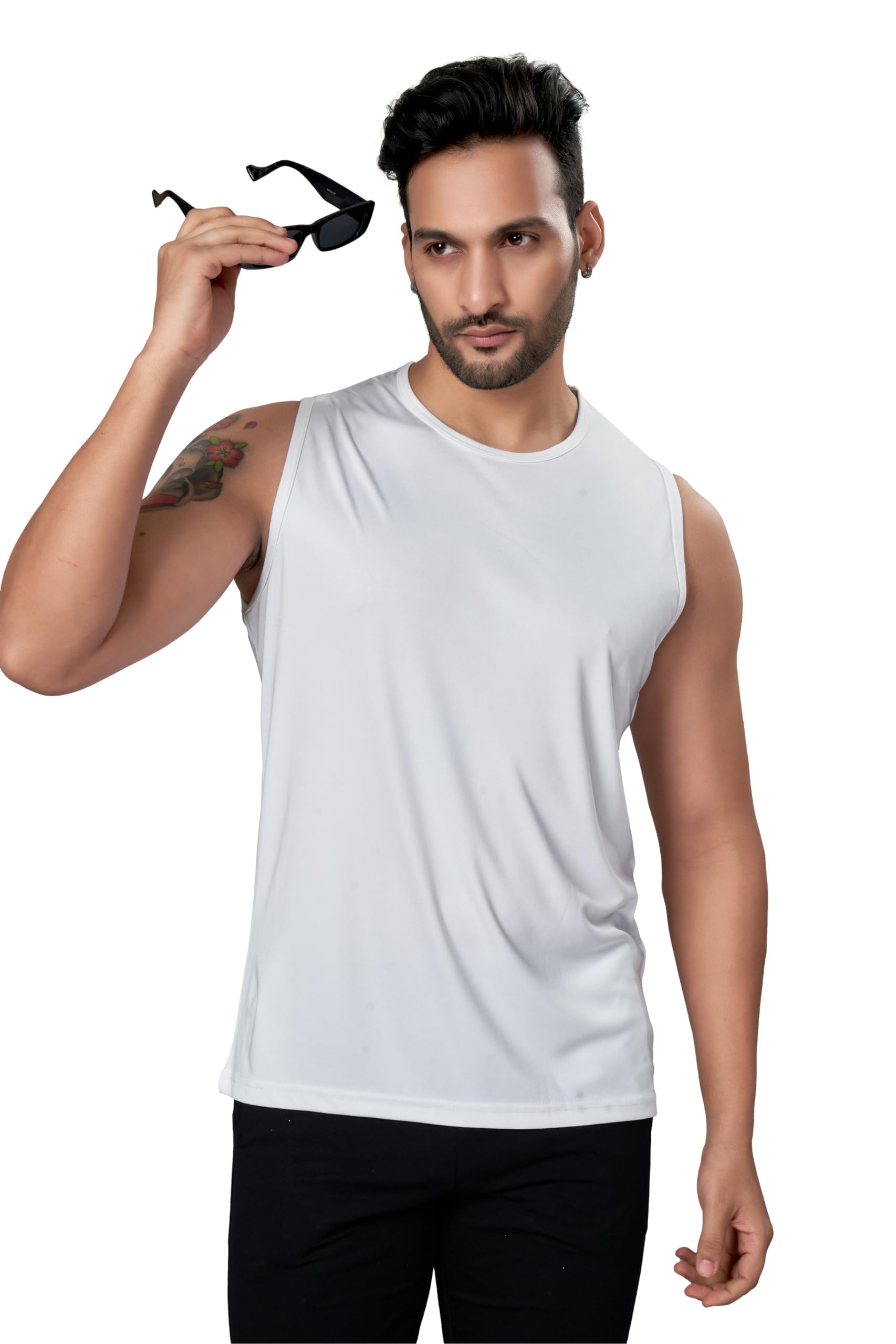 Sports Polyester Vest Solid Round Neck Gym Sando Tank Top for Men (Size-M | White-image-8
