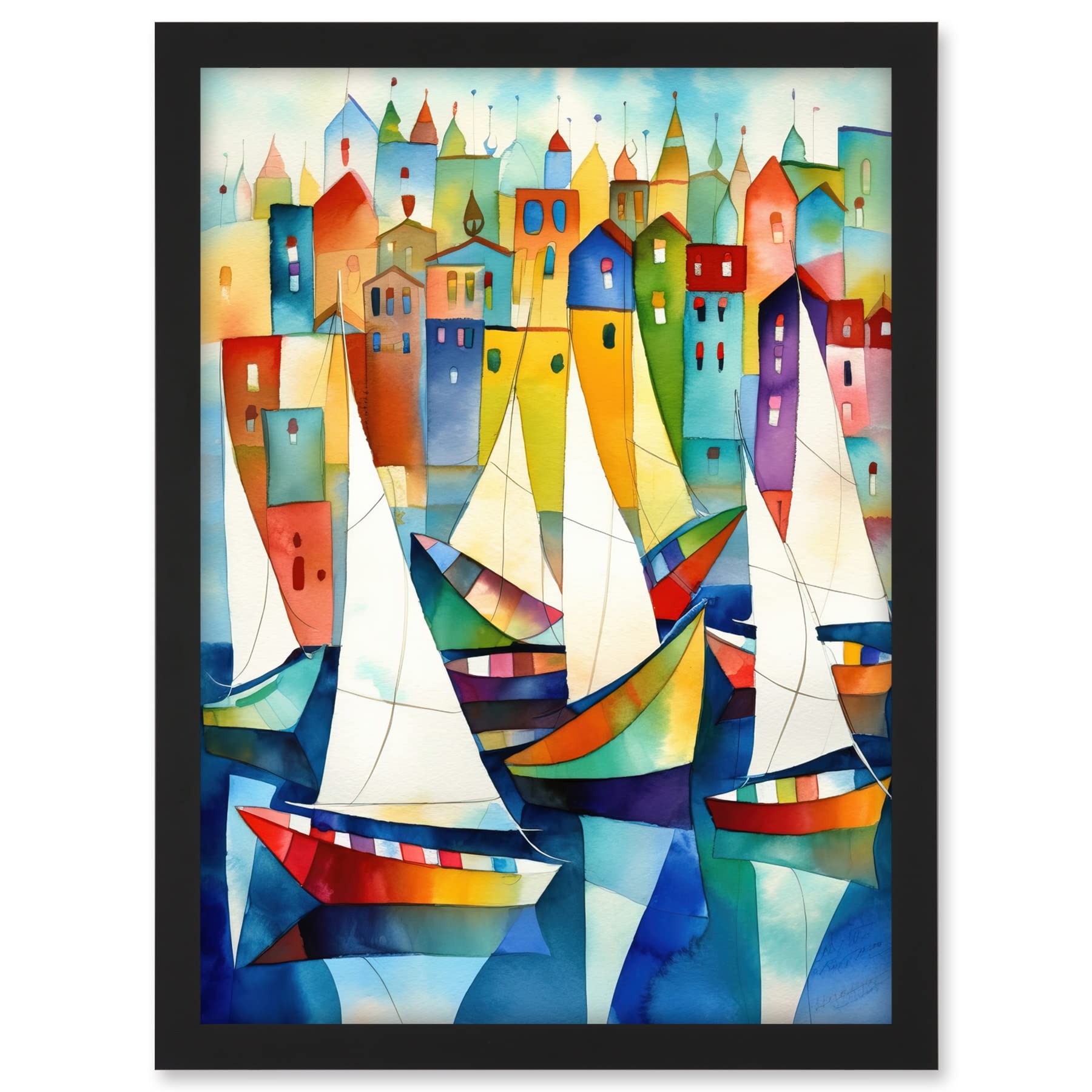 Artery8 Harbour Boats Folk Art Watercolour Painting Artwork Framed A3 Wall Art Print