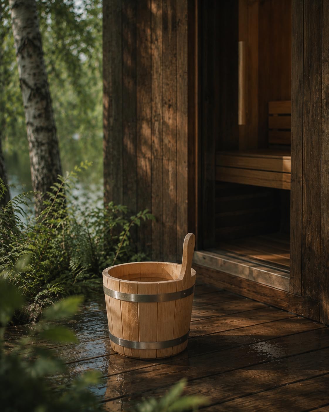 wellow® Sauna-Eimer mit Kelle 5 L – Saunaeimer aus 100% nordischer Fichte, naturbelassen – inkl. auslaufsicherem Einsatz & Holzgriff – Saunazubehör Aufguss-Set in deutscher Qualität