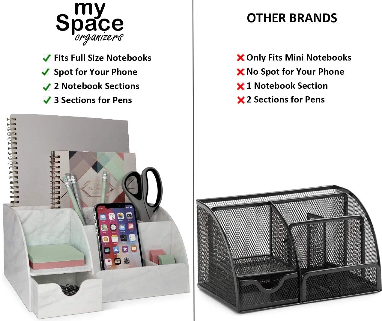 Acrylic Office Desk Organizer with Drawer, Marble 9 Compartments, All