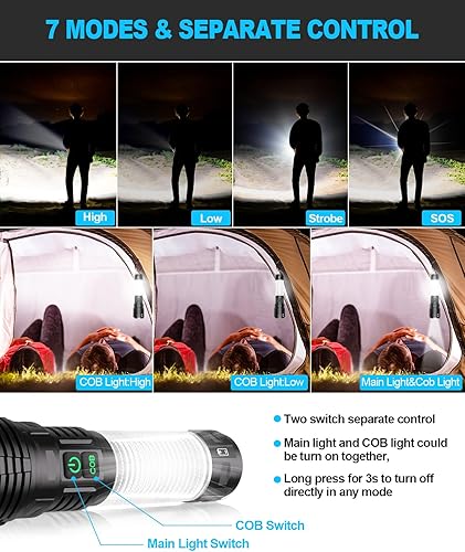 Miniatura 3 de Linternas recargables de alto lúmenes linterna LED táctica súper brillante, potente luz de flash USB C con luz COB de 360, haz largo de 3280 pies, 7