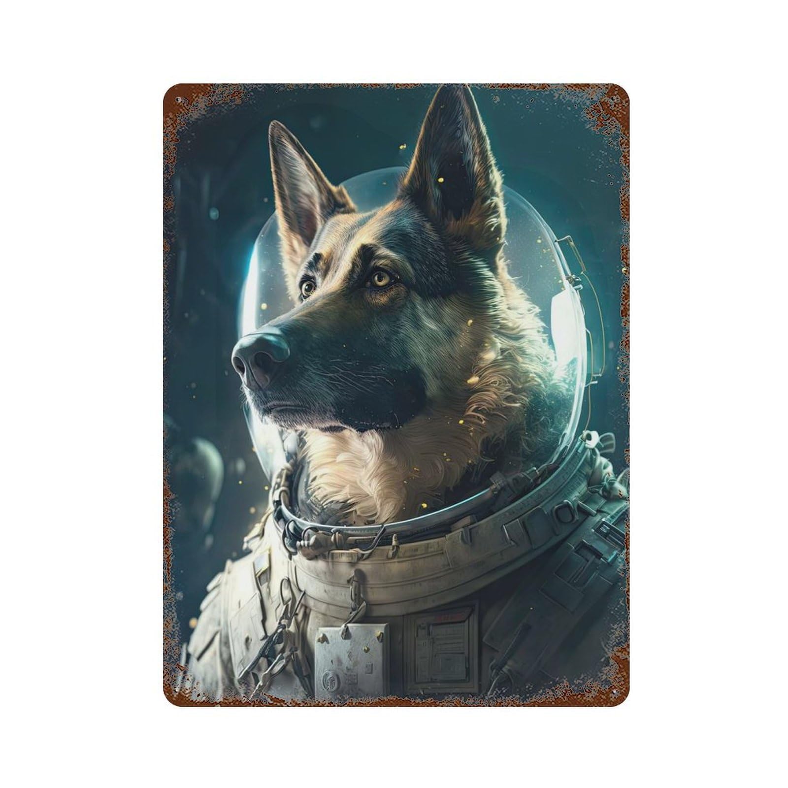 German Shepherd Astronaut Rust Effect Tin Sign 15.7"x11.8", Ideal for Shed, Workshop And Garage Wall Decor