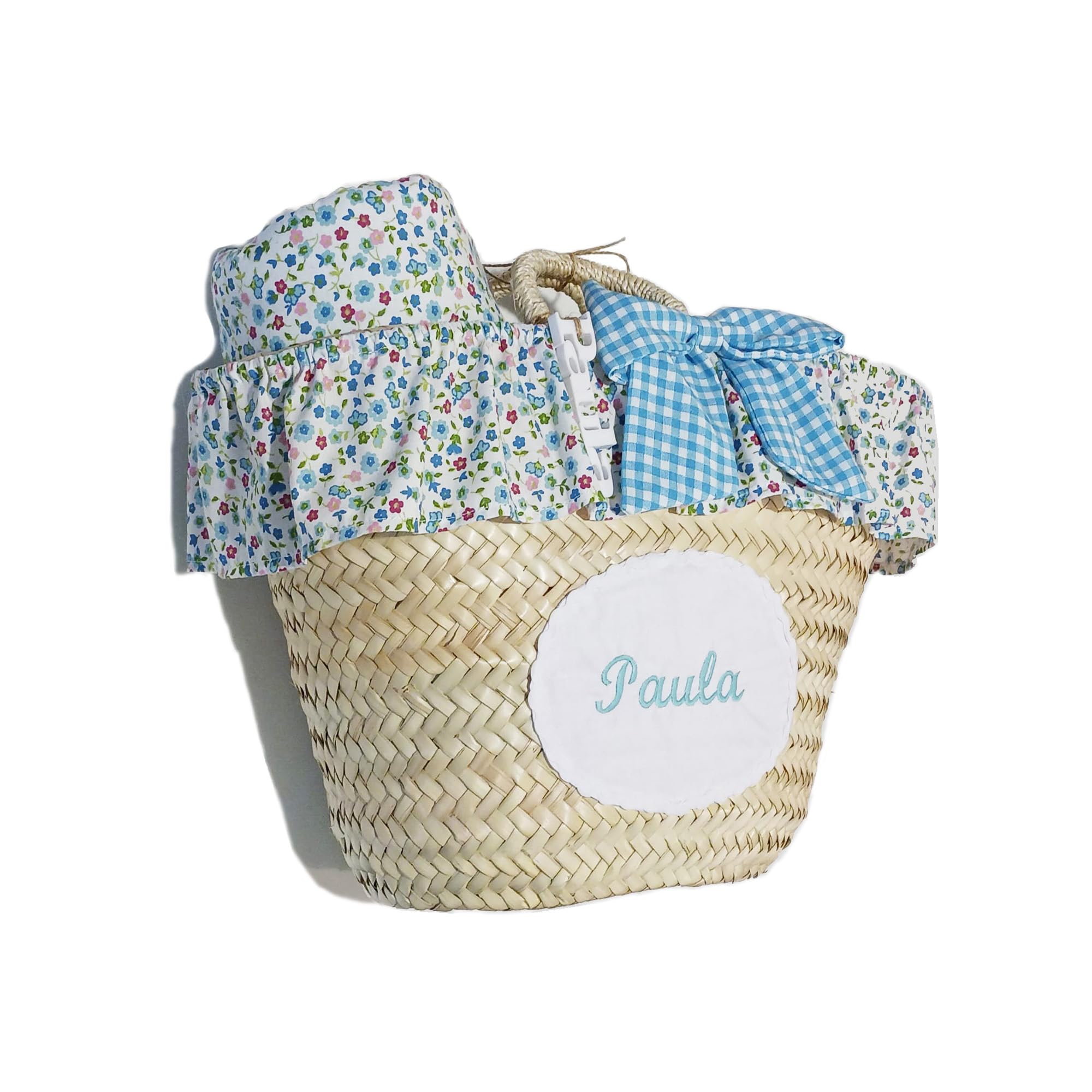 Capazo decorado y toalla a juego personalizados. (Combinaciones disponibles ver en las imágenes) Regalo comunión, capazo playa, regalo bebé.