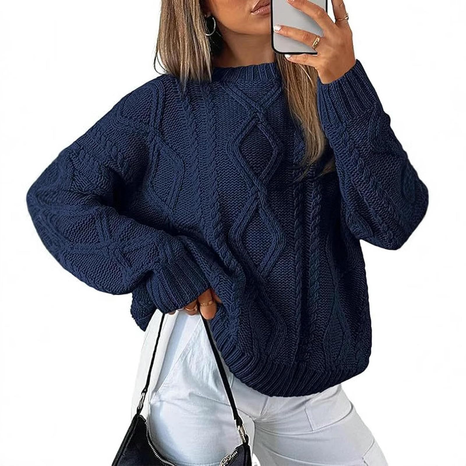 Maglione da Donna A Trecce con Scollo Tondo, Pullover Elegante, Versatile Maniche Lunghe-Rosa-m