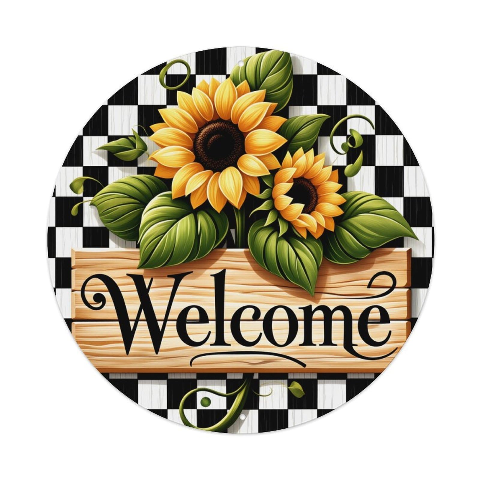 Sunflower Welcome Sign Pattern Round Tin Sign Retro Metal Sign for Cafe Bar Pub Home Game Room Gym Club Wall Decoration Vintage Metal Poster 8x8 Inch
