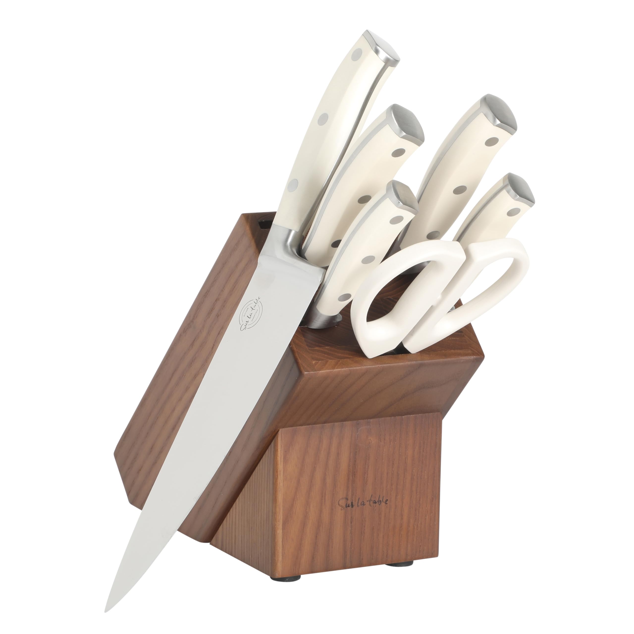 Sur La Table Kitchen Essentials Tasting Kitchen High-Carbon German Steel 7 Piece Full Tang Forged Cutlery Knife Block Set - Eggshell White W/Ashwood Block