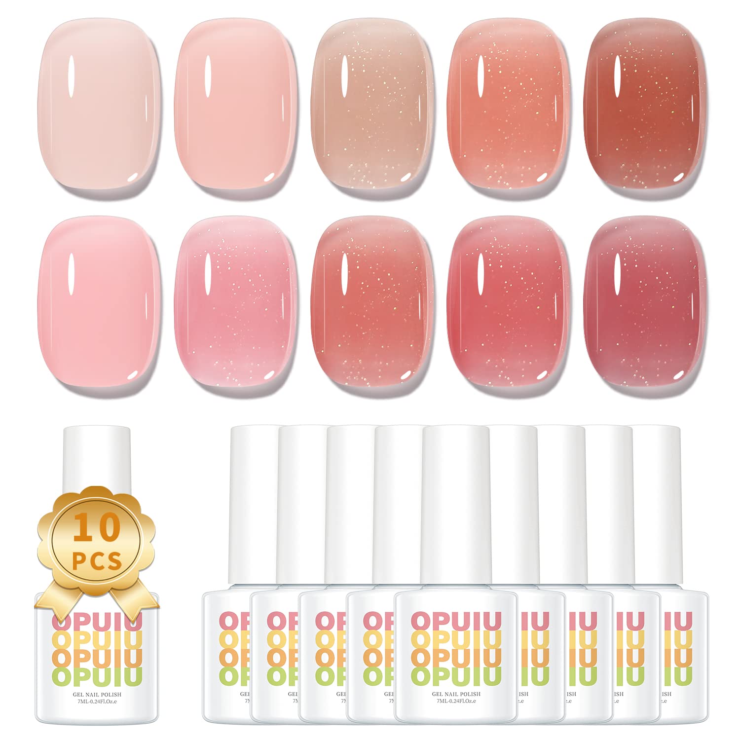 OPUIU 10 Pcs Jelly Shimmer Glitter Gel Nail Polish Set Red Pink Nude Translucent Sheer Gel Nail Polish Kit Soak Off UV LED Nail Gel Colors for Home DIY Manicure