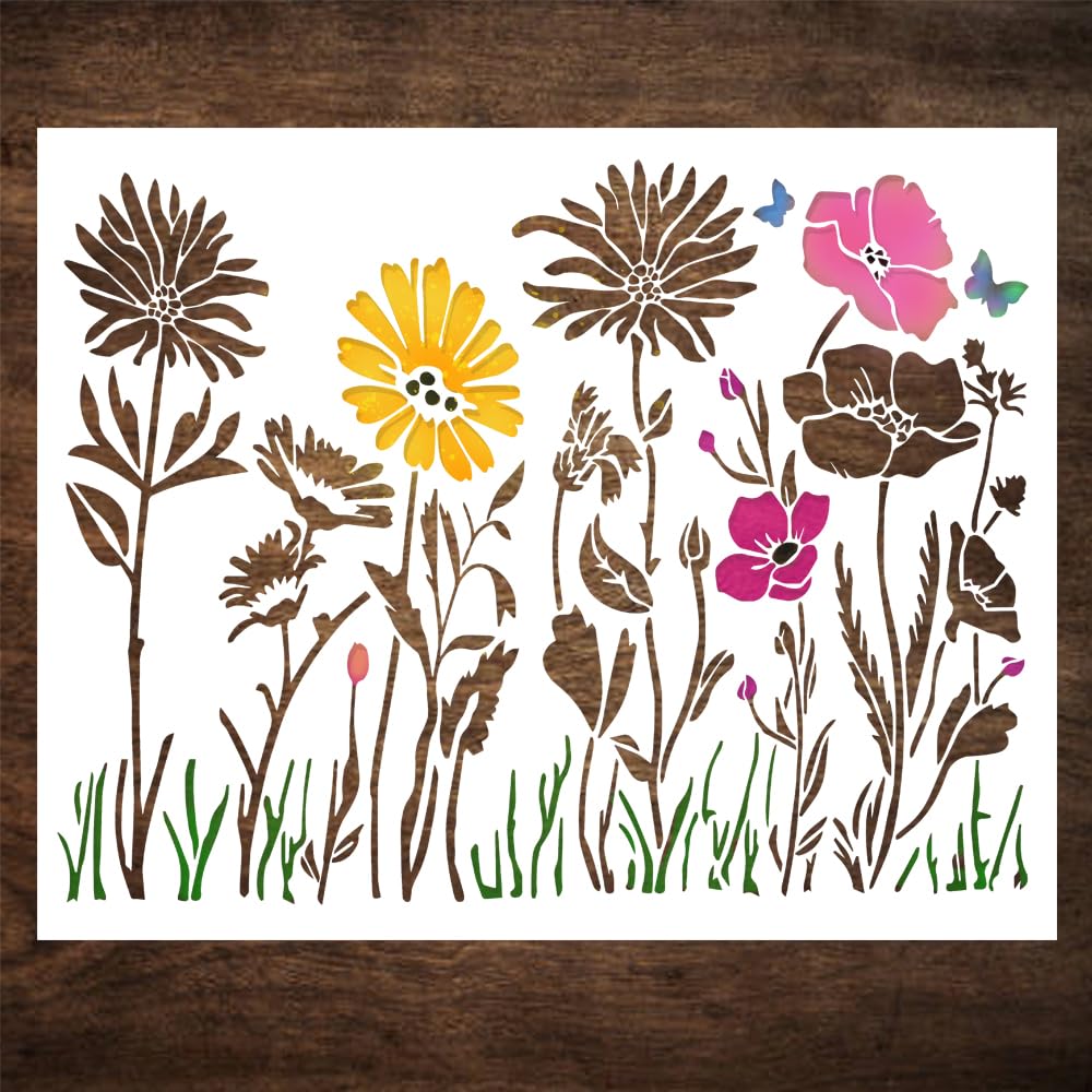 Large Wildflower Stencil for Painting (15x12 Inches) - Stencils for Crafts Reusable for Wood, Canvas, Paper & Fabric - Flower Stencils for Painting on