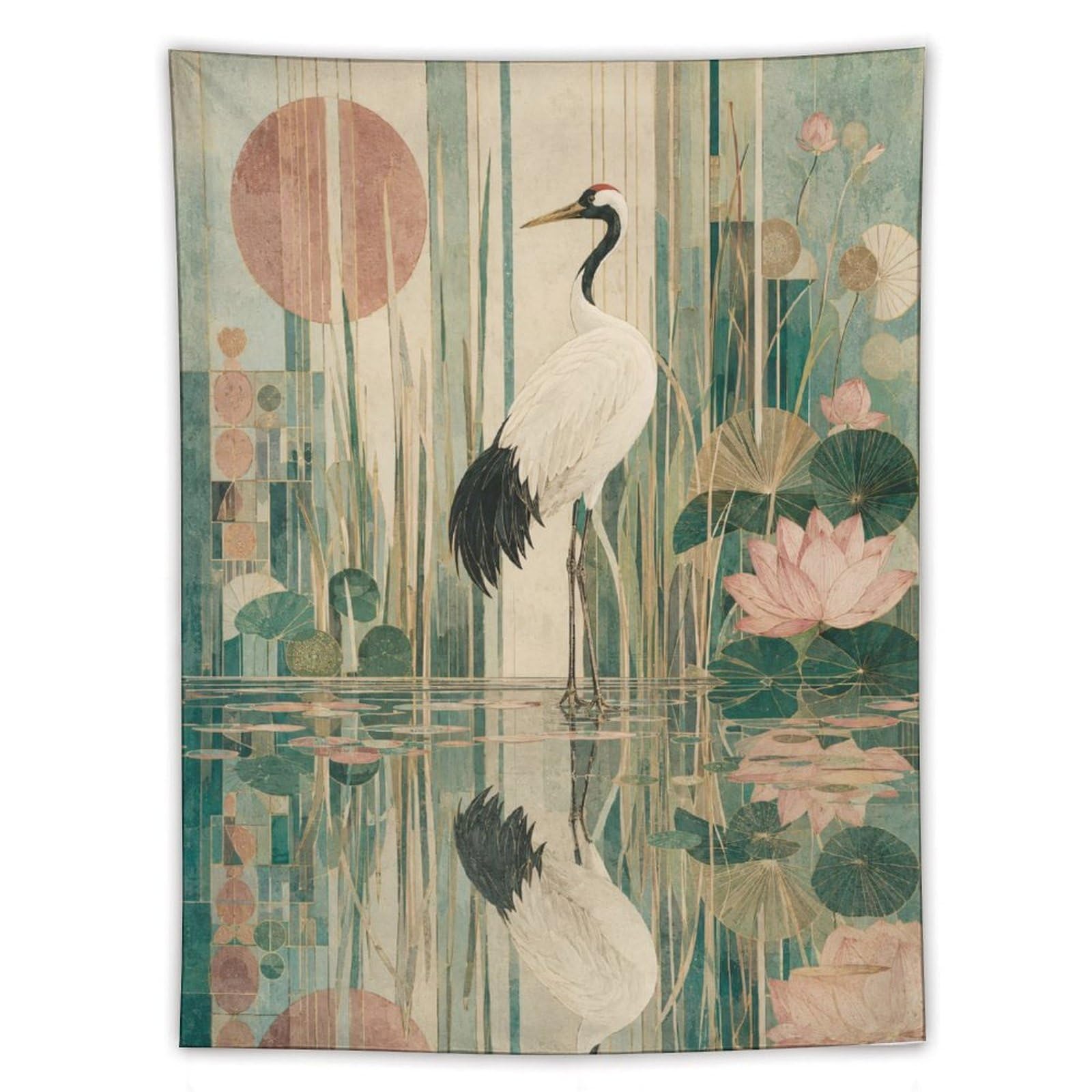 W7C8U2X3 Cranes in Lotus Pond Wall Tapestry, Asian Ink Style, Soft Pastel