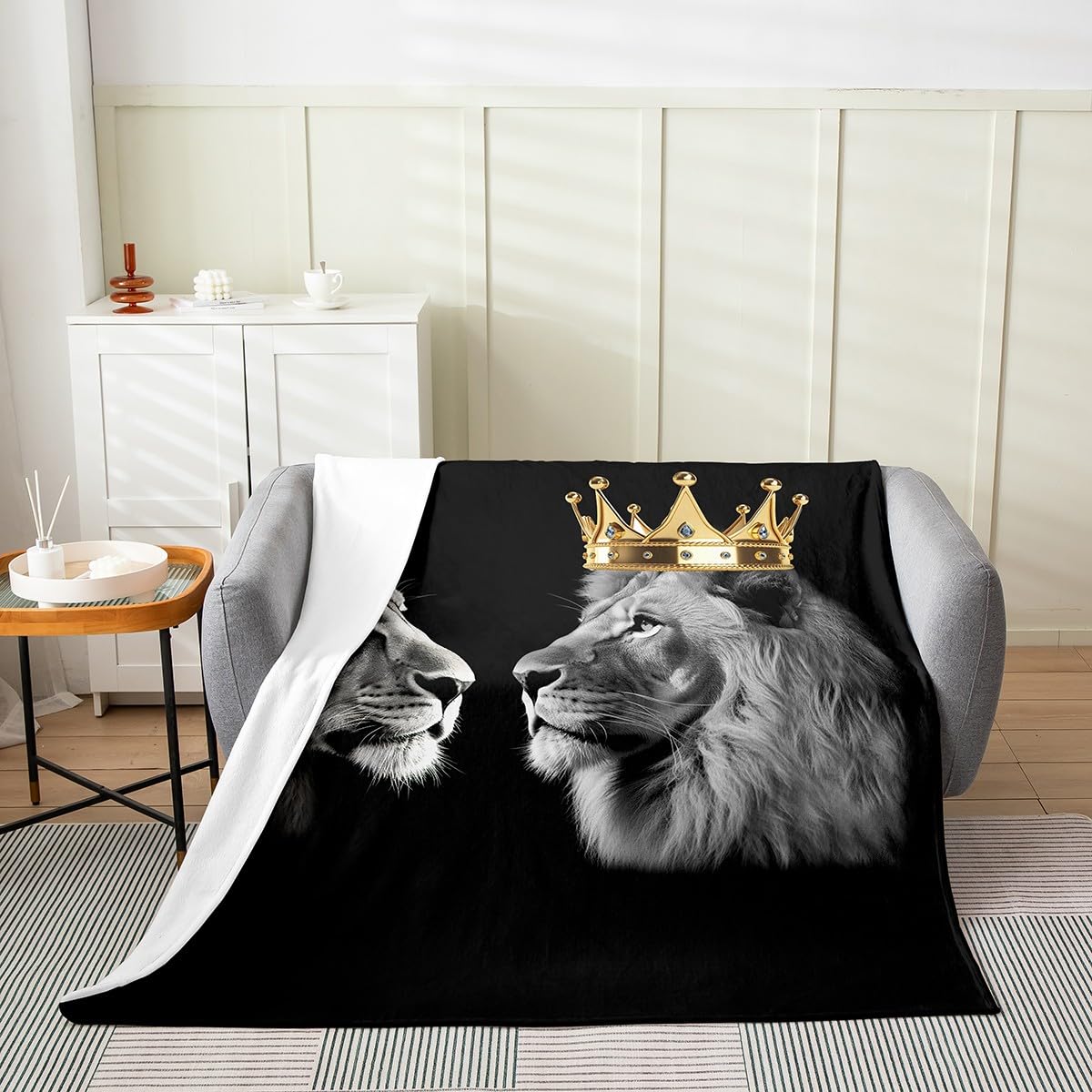 Castle Fairy Wild Lion Couple All Season Bed Blanket,Gold King and Queen Crown Fleece Throw Blanket for Kids Teens Boys Girls,Tropical African Animal Plush Blanket Couch Sofa Decor, Twin 60