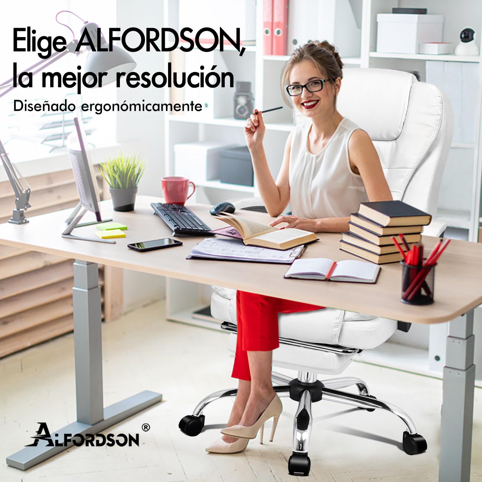 ALFORDSON Silla de Oficina Ejecutiva, Silla de Oficina de Masaje con Respaldo de Palanca, Silla de Escritorio Ergonómica con Gran Acolchado, Sillón, Silla Giratoria, Cuero PU, Blanco