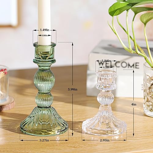 Miniatura 2 de DARJEN Juego de 4 portavelas verdes de vidrio a rayas verticales para candelabros y velas cónicas, portavelas cónico para bodas, hogar, decoración y